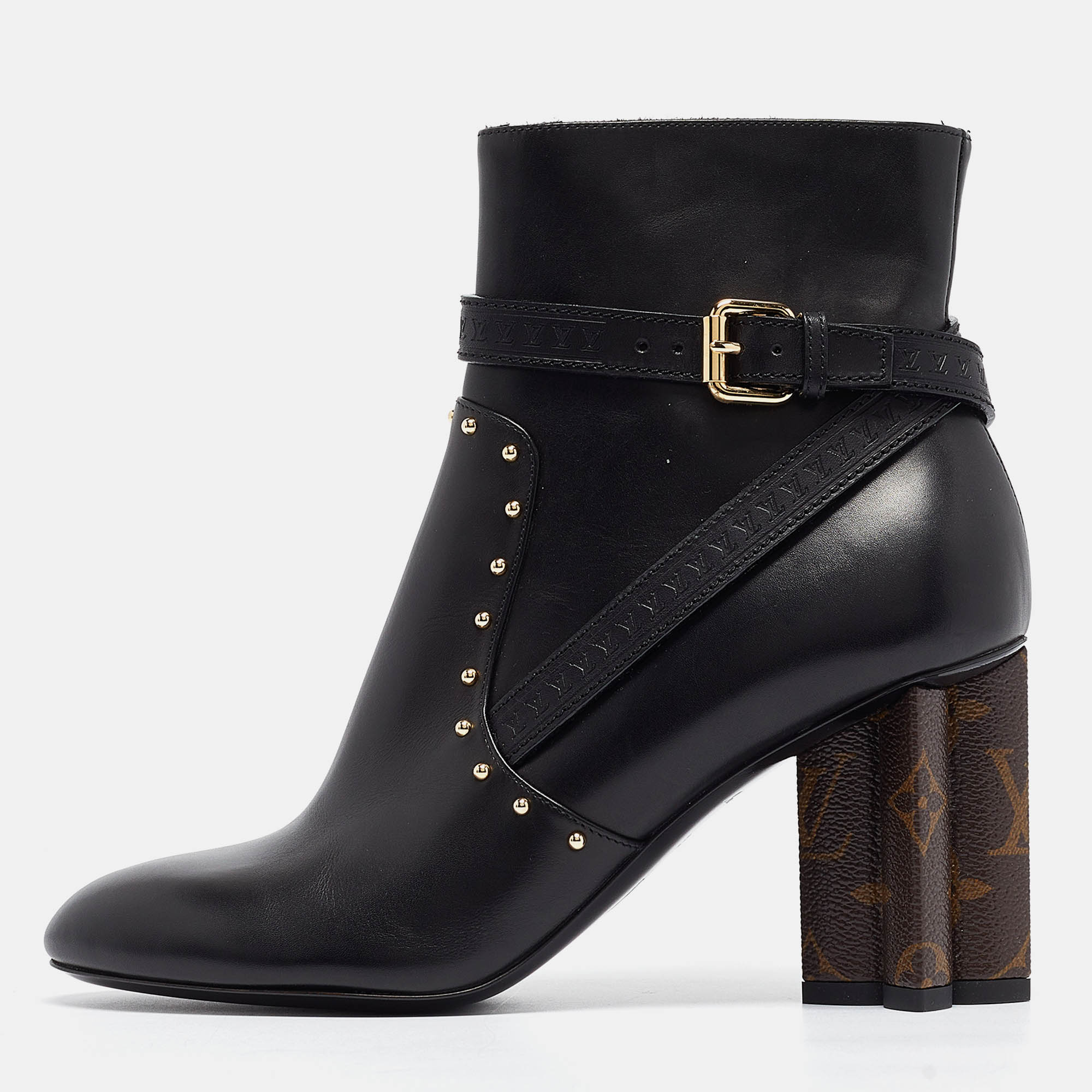 Pre Owned Louis Vuitton Black/Brown Leather and Monogram Canvas Studded Ankle Booties Size 37