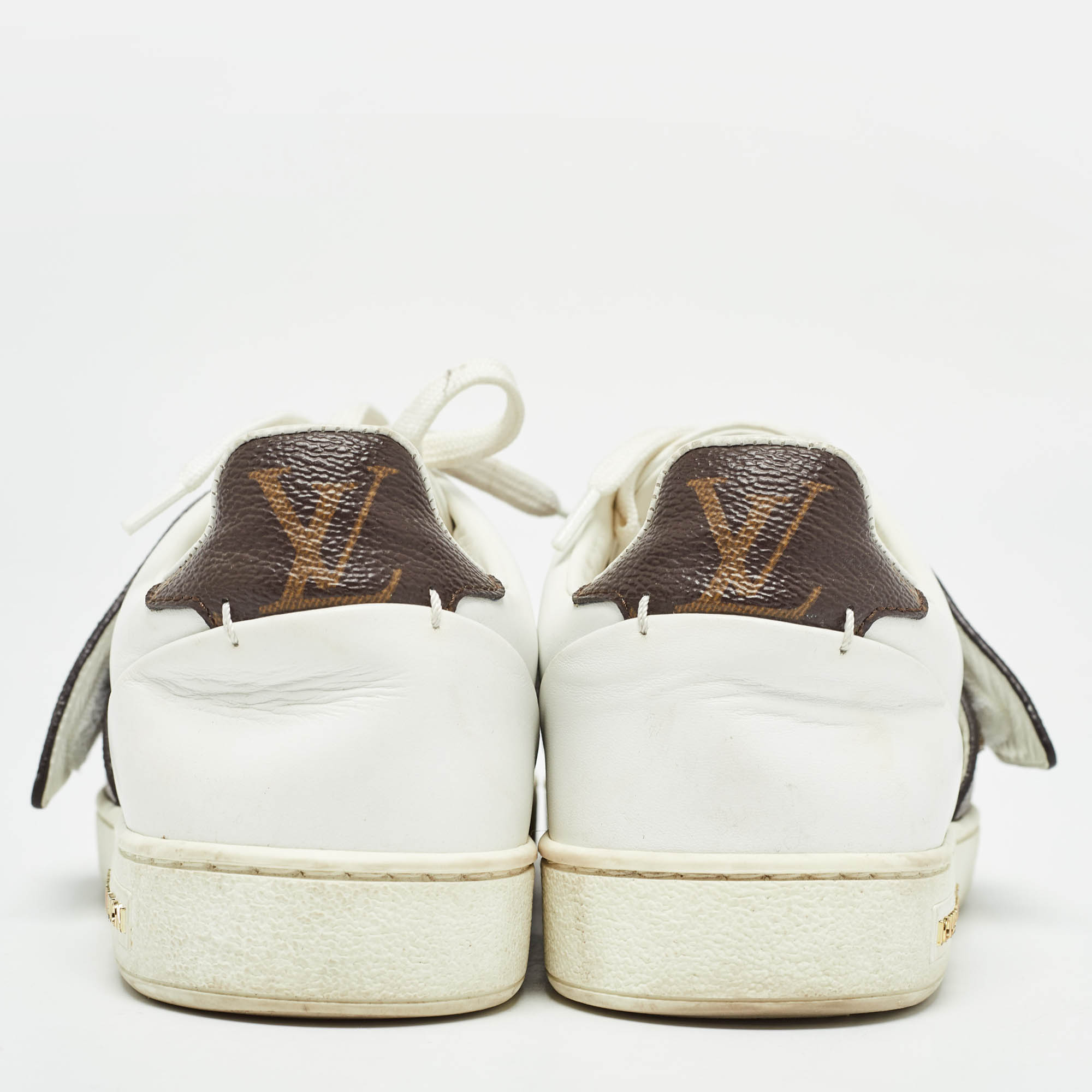 Pre Owned Louis Vuitton White Leather and Monogram Coated Canvas Low Top Sneakers Size 35.5