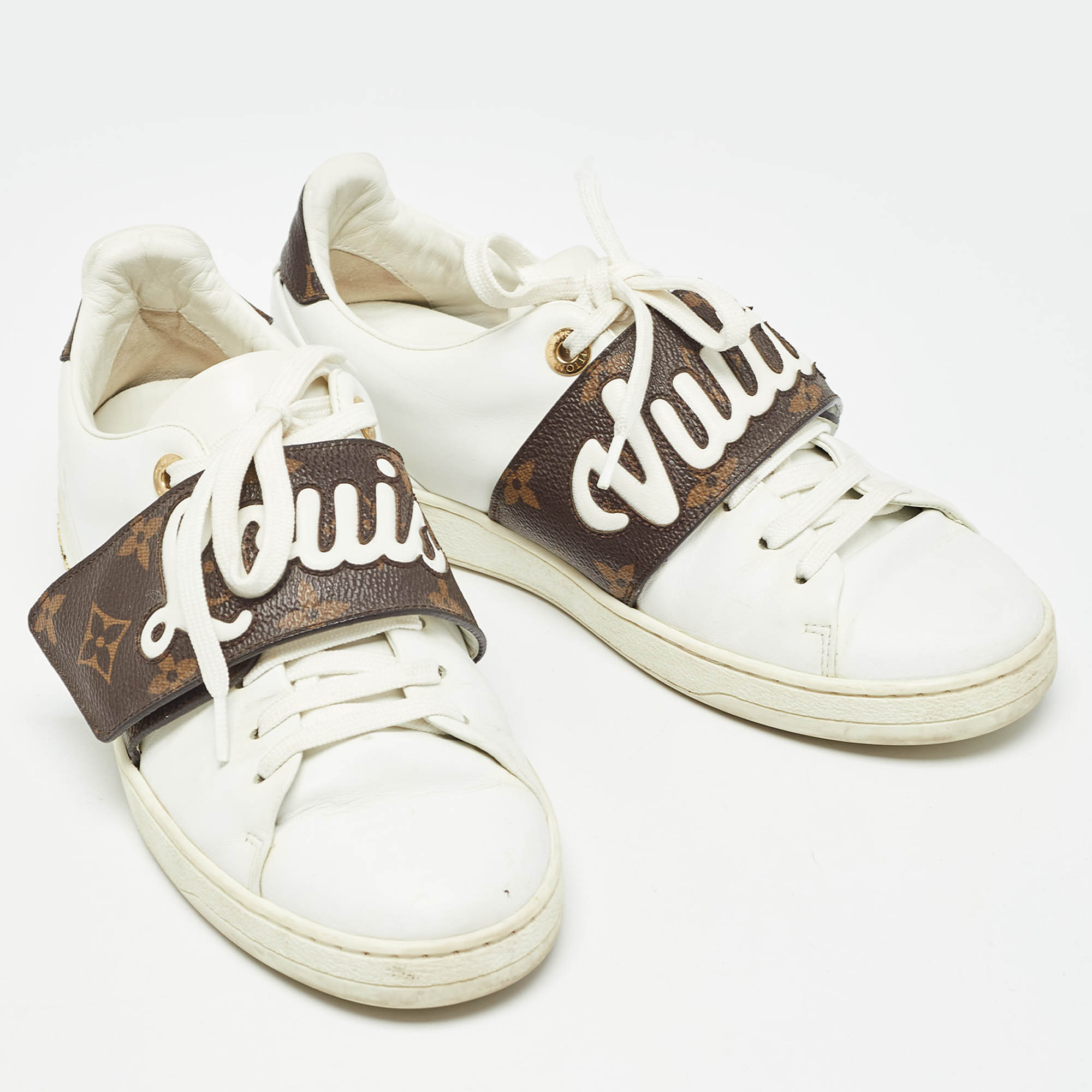 Pre Owned Louis Vuitton White Leather and Monogram Coated Canvas Low Top Sneakers Size 35.5