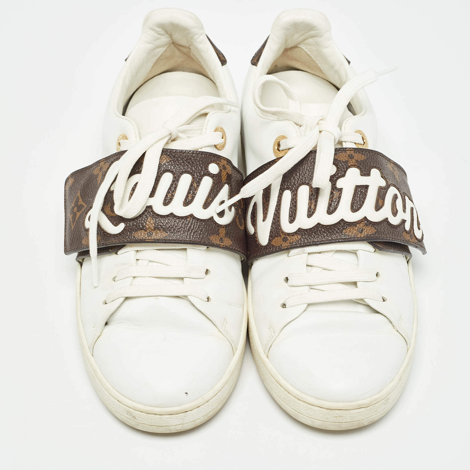 Pre Owned Louis Vuitton White Leather and Monogram Coated Canvas Low Top Sneakers Size 35.5