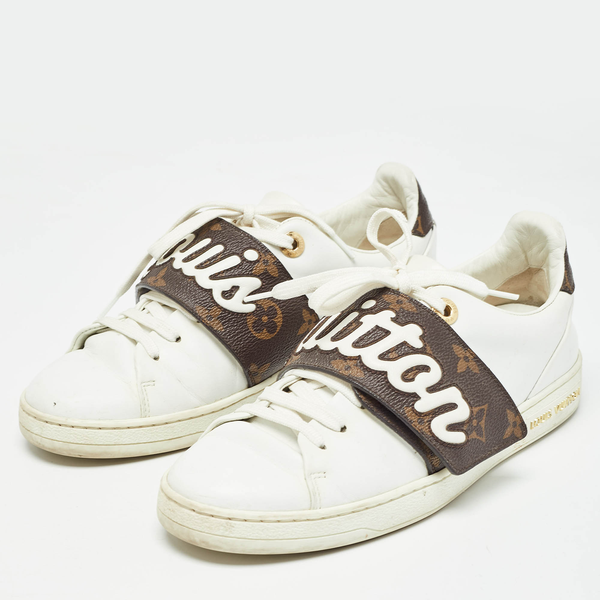 Pre Owned Louis Vuitton White Leather and Monogram Coated Canvas Low Top Sneakers Size 35.5