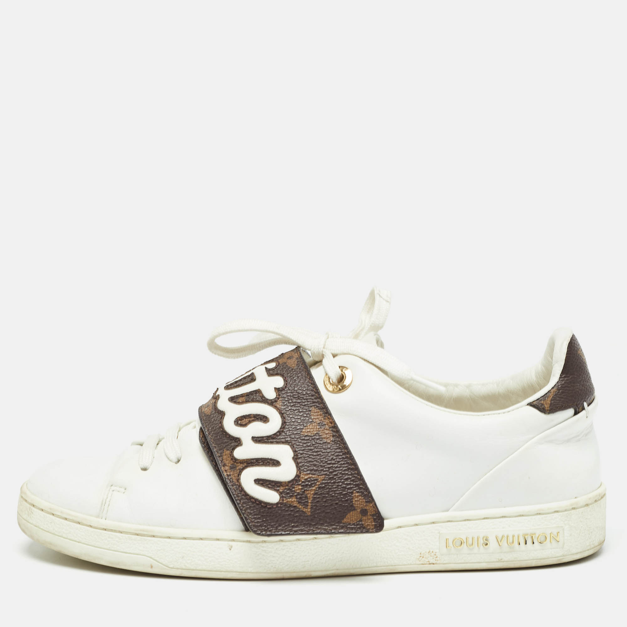 Louis Vuitton White Leather and Monogram Coated Canvas Low Top Sneakers Size 35.5