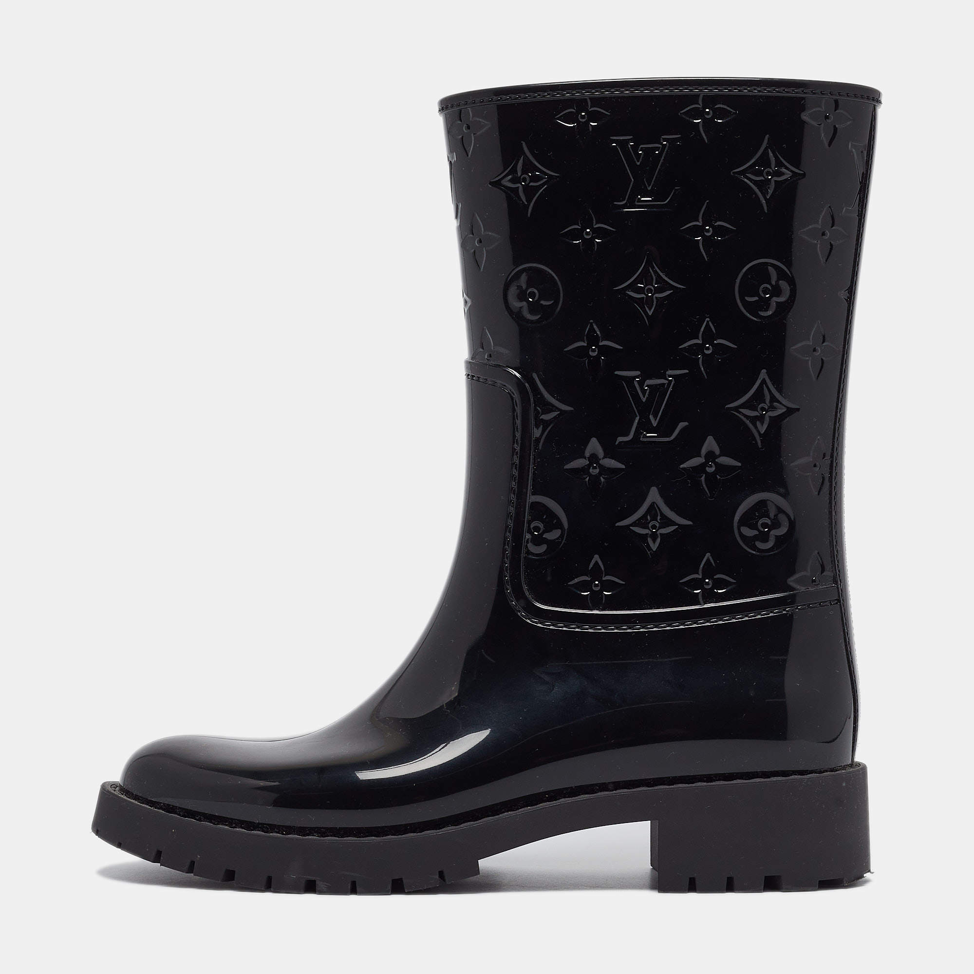 Pre Owned Louis Vuitton Black Monogram Rubber Mid Calf Boots Size 39
