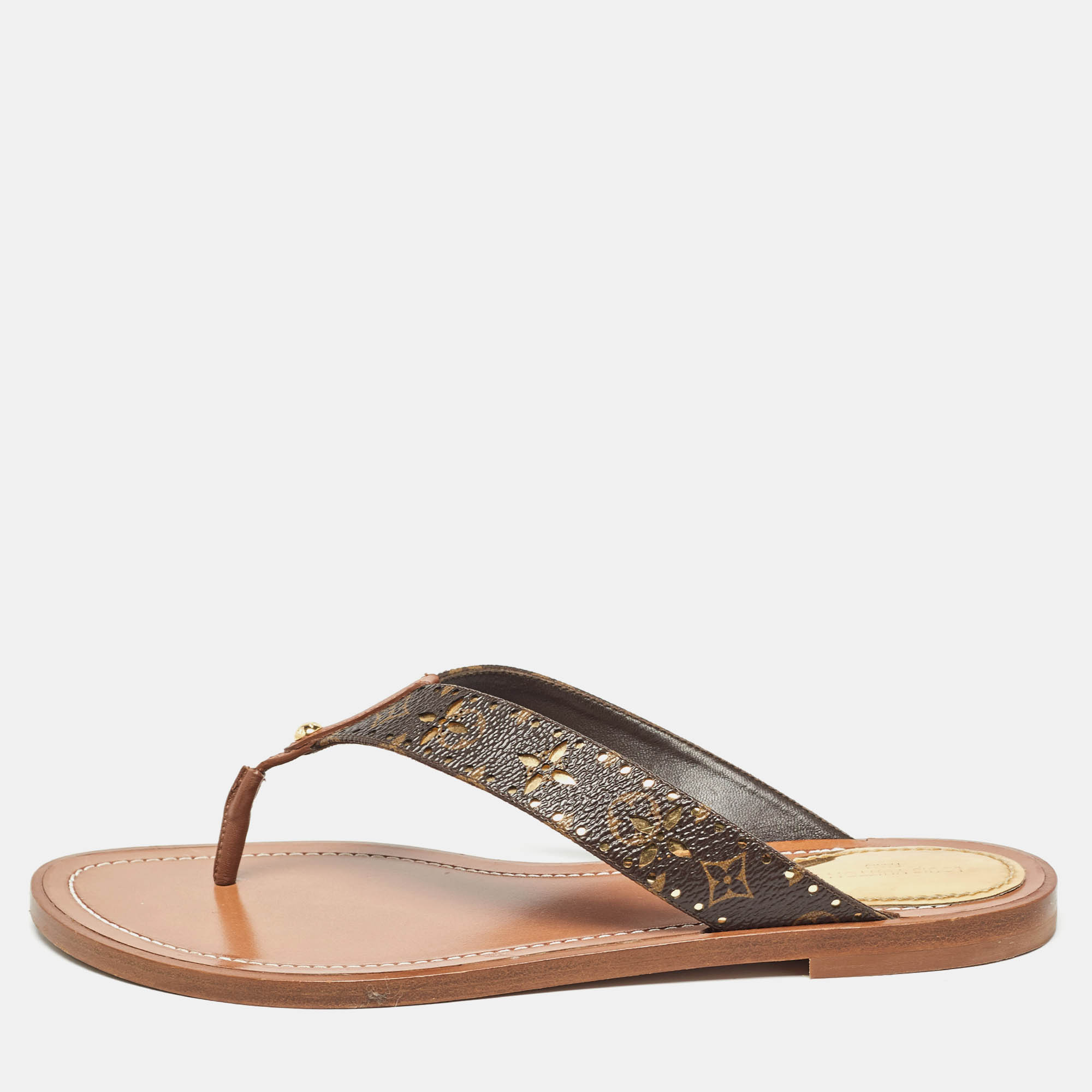 Pre Owned Louis Vuitton Brown Monogram Canvas Laser Cut Thong Flats Size 38