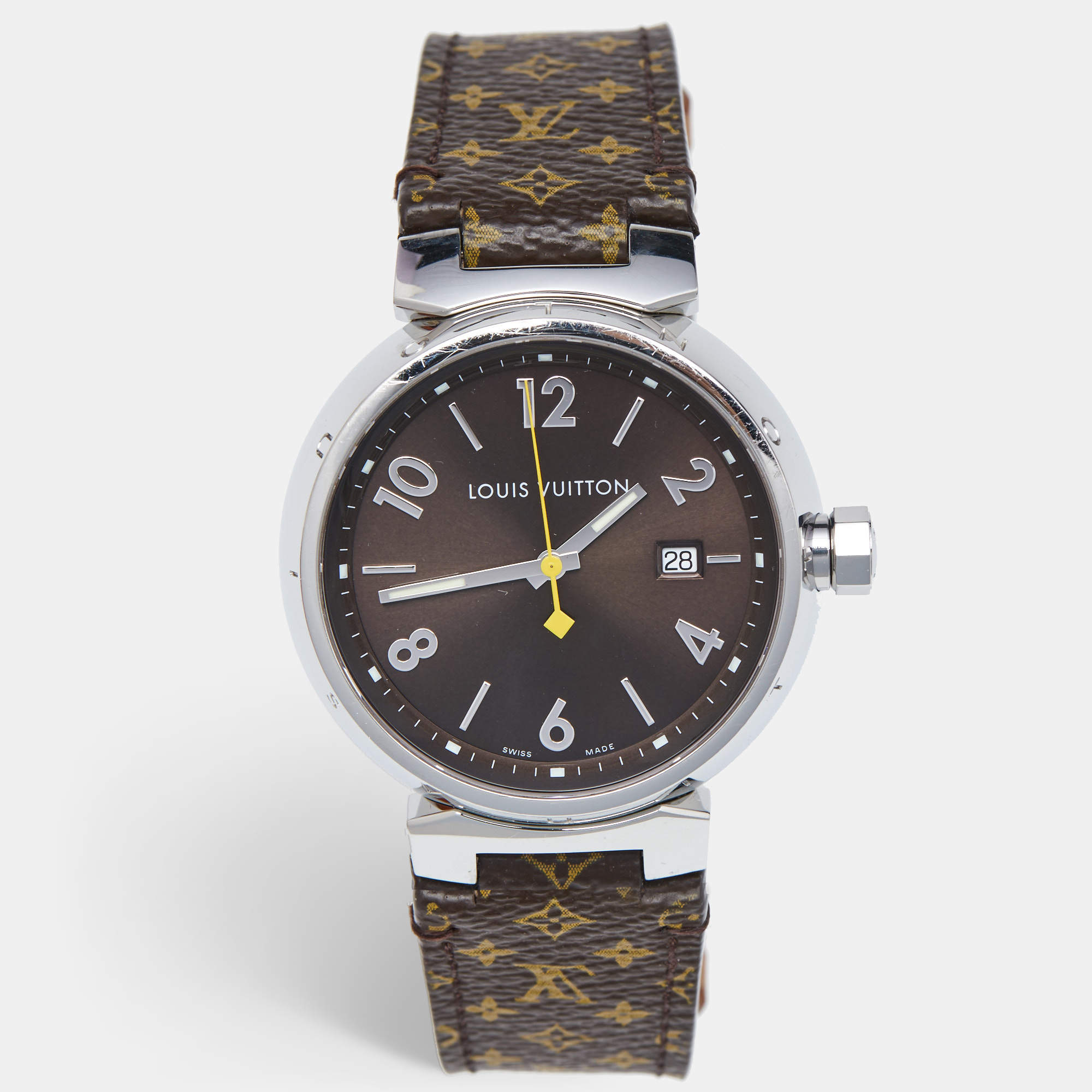 Louis Vuitton Brown Stainless Steel Leather Tambour Q1111 Women's Wristwatch 39 mm