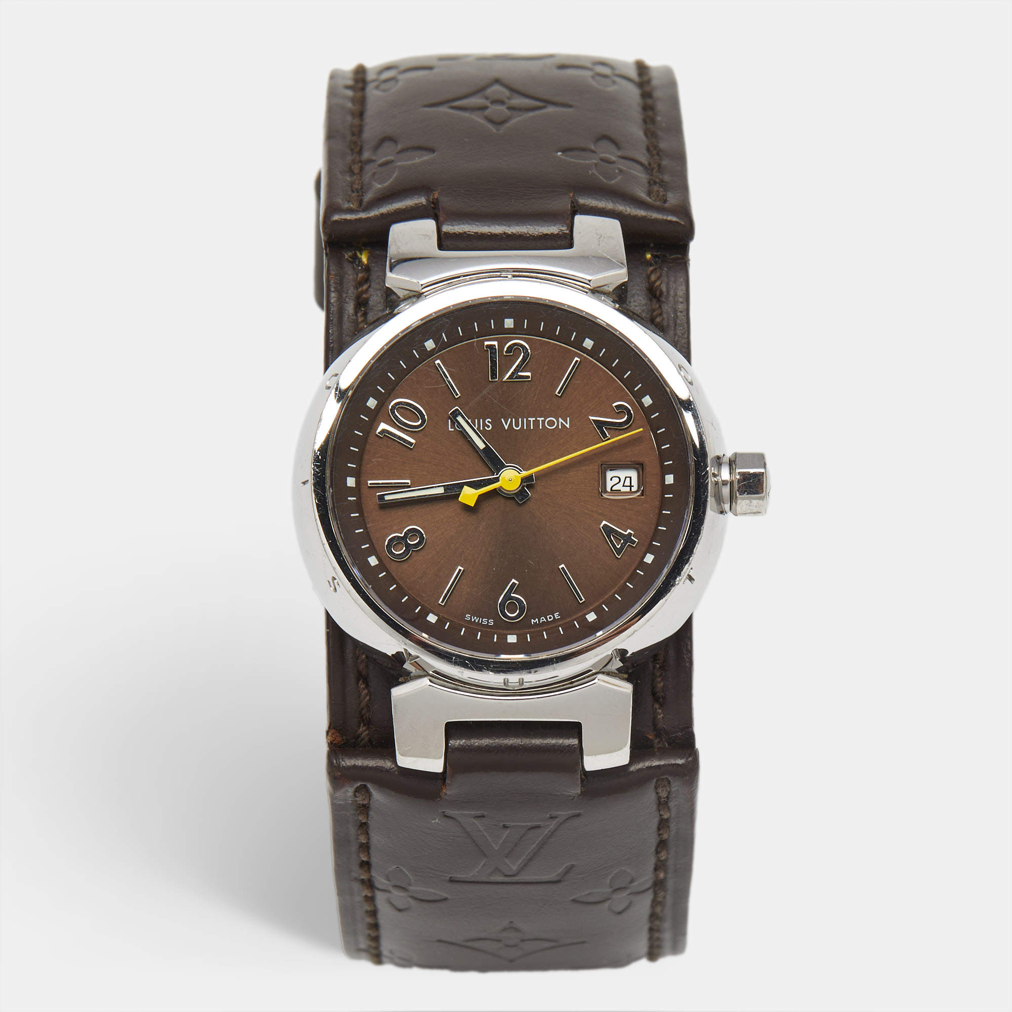 Pre Owned Louis Vuitton Brown Stainless Steel and Leather Tambour Q1211 Women's Wristwatch 28 mm