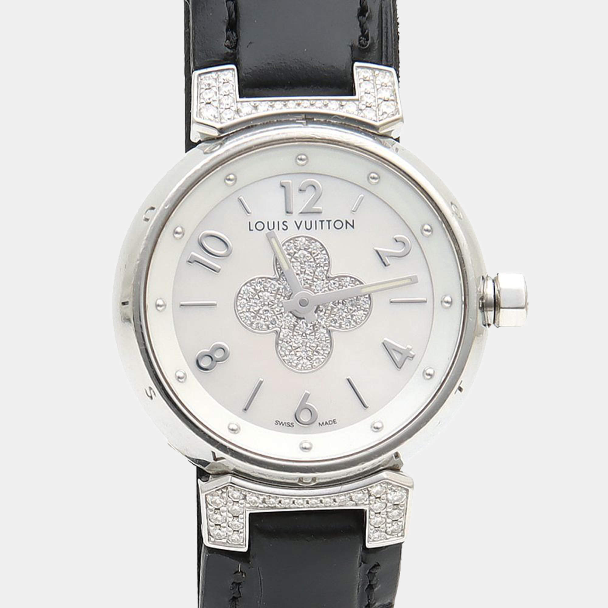 Pre Owned ساعة يد نسائية لوي فيتون تامبور فوريفر دايموند Q121P كوارتز أم اللؤلؤ ستانلس ستيل 28 مم