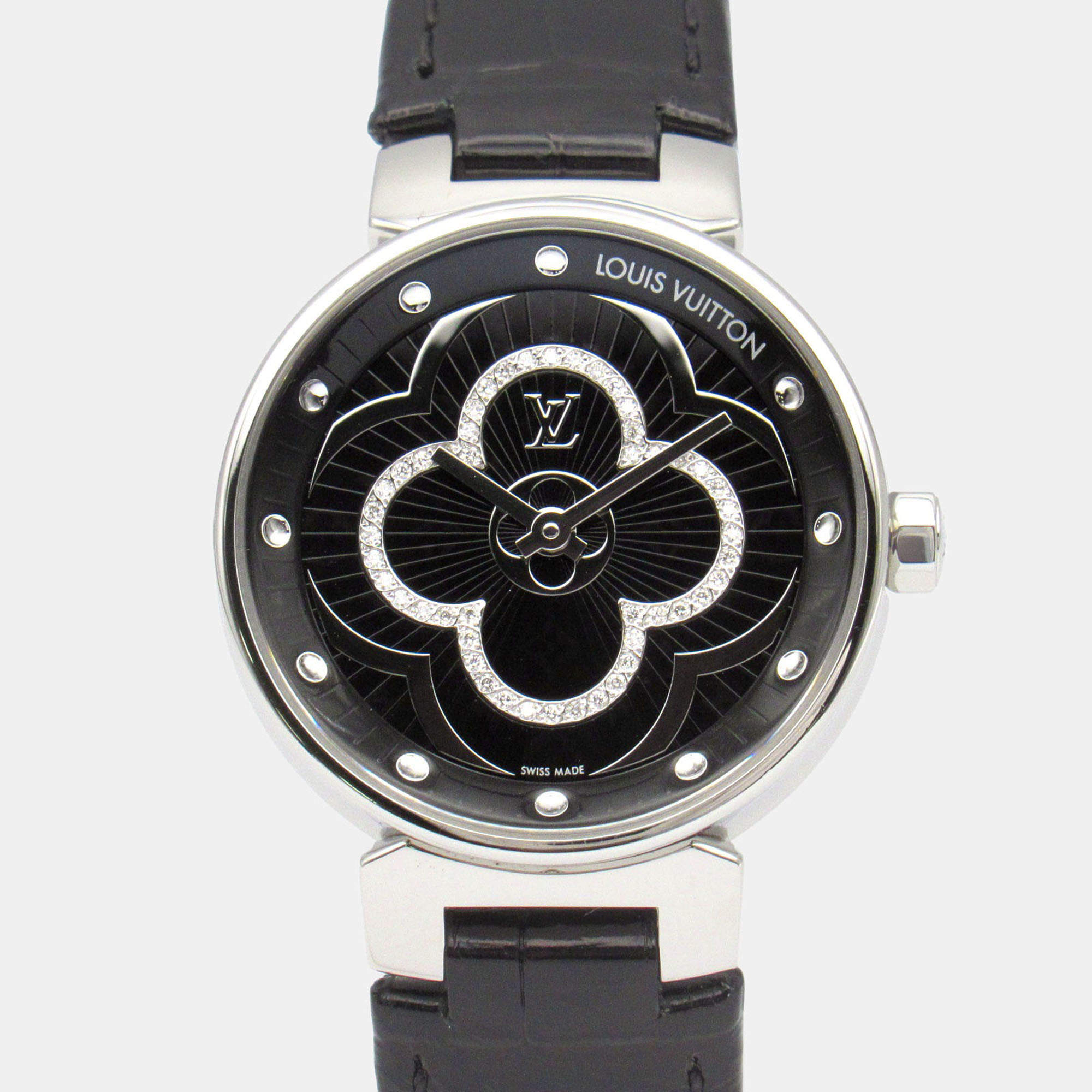 Pre Owned Louis Vuitton Tambour QA018Z Quartz Black Stainless Steel Women's Wristwatch 28 mm