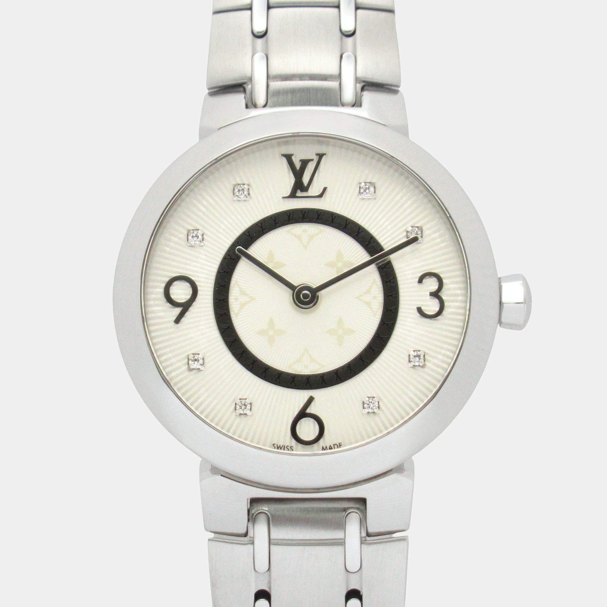 Pre Owned Louis Vuitton Tambour Q12MG Quartz Silver Stainless Steel Women's Wristwatch 28 mm