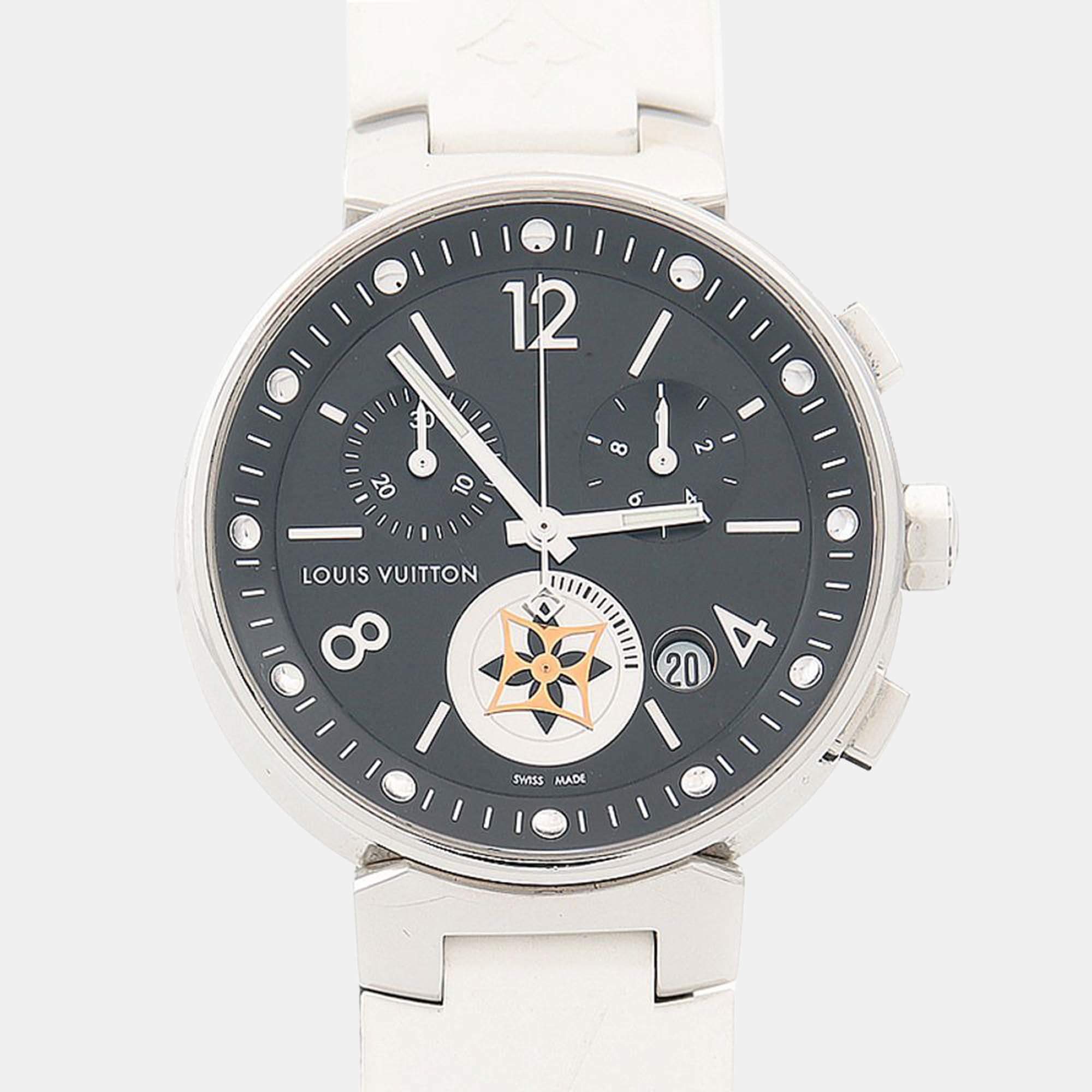 Pre Owned Louis Vuitton Tambour Moonstar Q8G01 Automatic Black Stainless Steel Women's Wristwatch 35mm