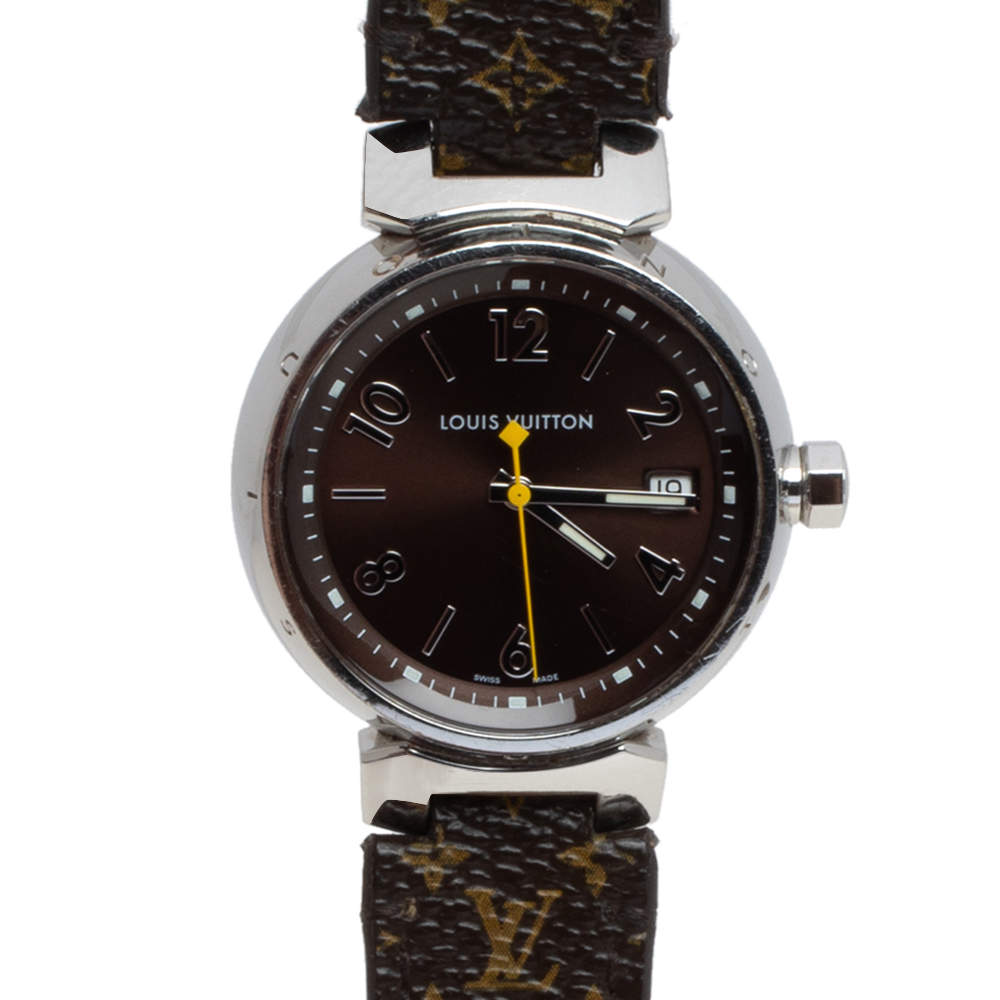 Louis Vuitton Brown Stainless Steel Monogram Leather Q1311 Women's Wristwatch 34 mm