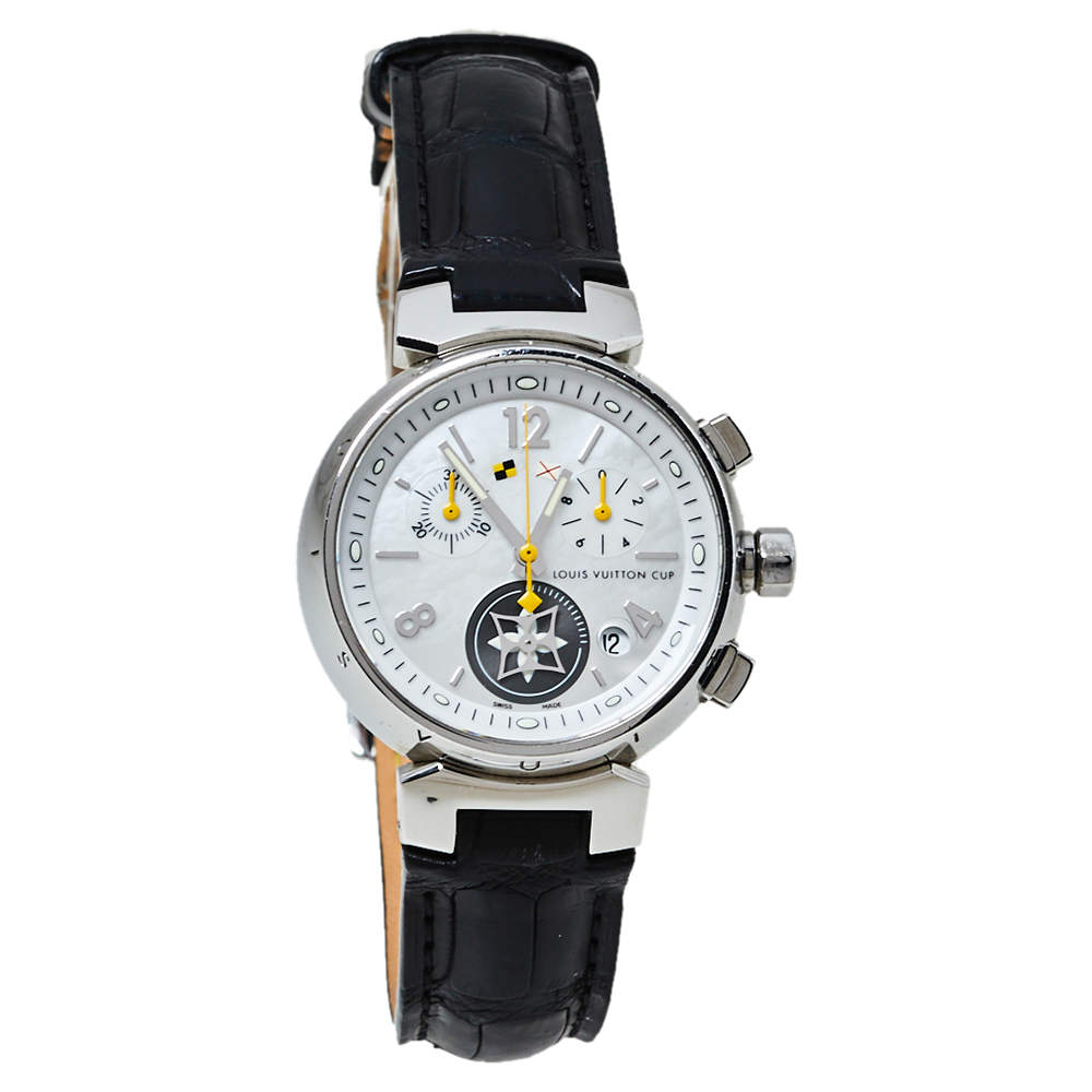 ساعة يد نسائية لوي فيتون تامبور كرونو لوفلي كاب Q132C ستانلس ستيل بيضاء 34 مم