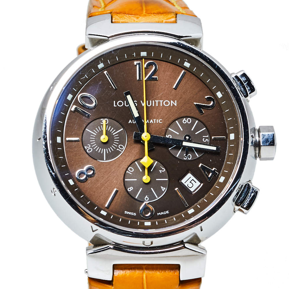 LOUIS VUITTON Stainless Steel Alligator 41mm Tambour Chronograph Automatic  Watch Brown 141031