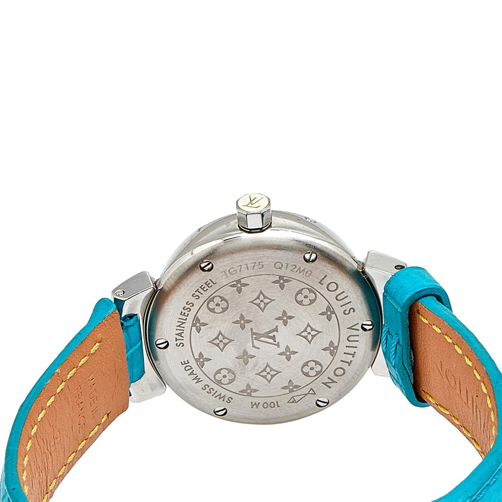 Louis Vuitton Mother Of Pearl Stainless Steel Diamond Alligator Leather  Tambour Lovely Cup Q12M0 Women's Wristwatch 28 mm Louis Vuitton