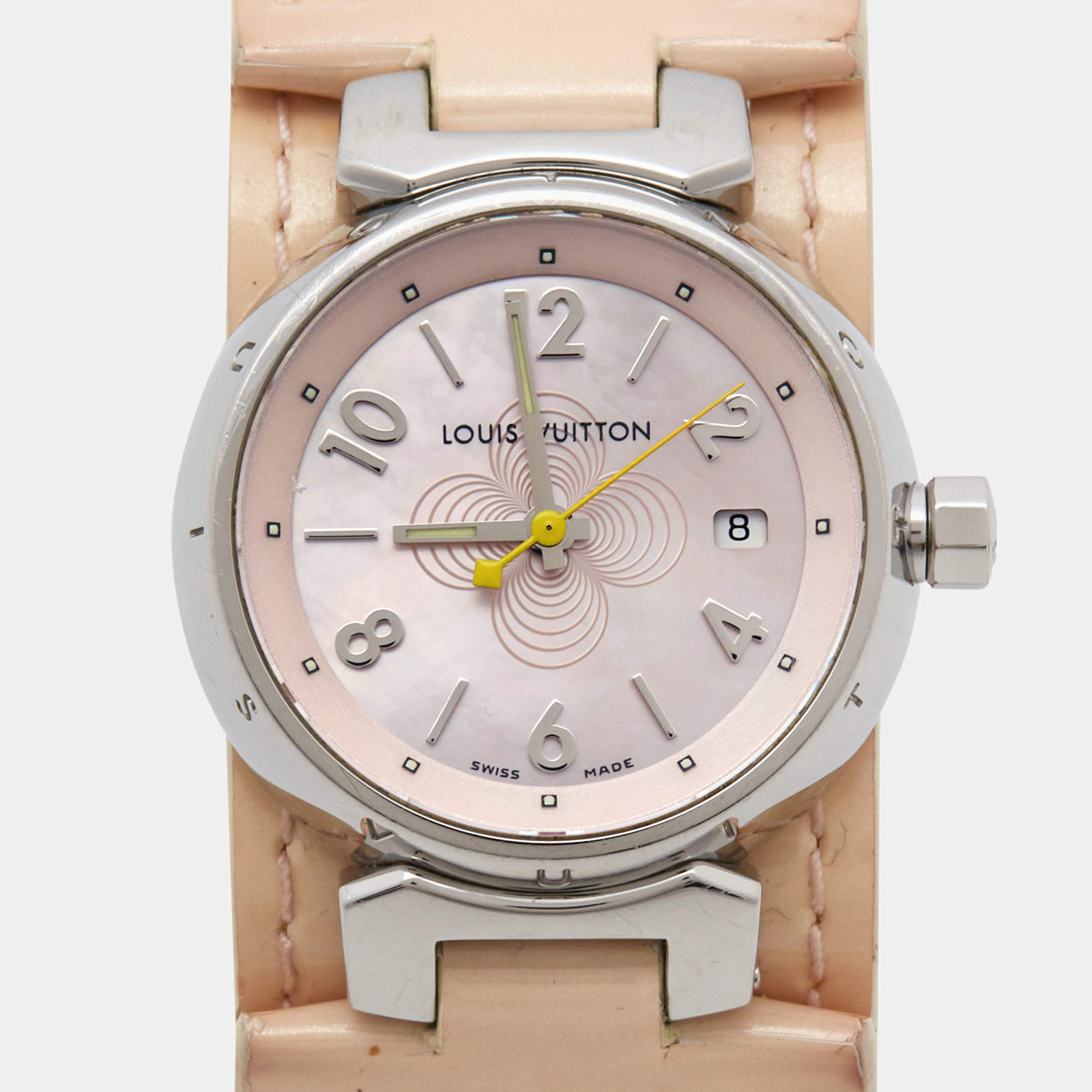 Louis Vuitton Pink Mother Of Pearl Stainless Steel Patent Leather Tambour  Q1216 Women's Wristwatch 28 mm Louis Vuitton