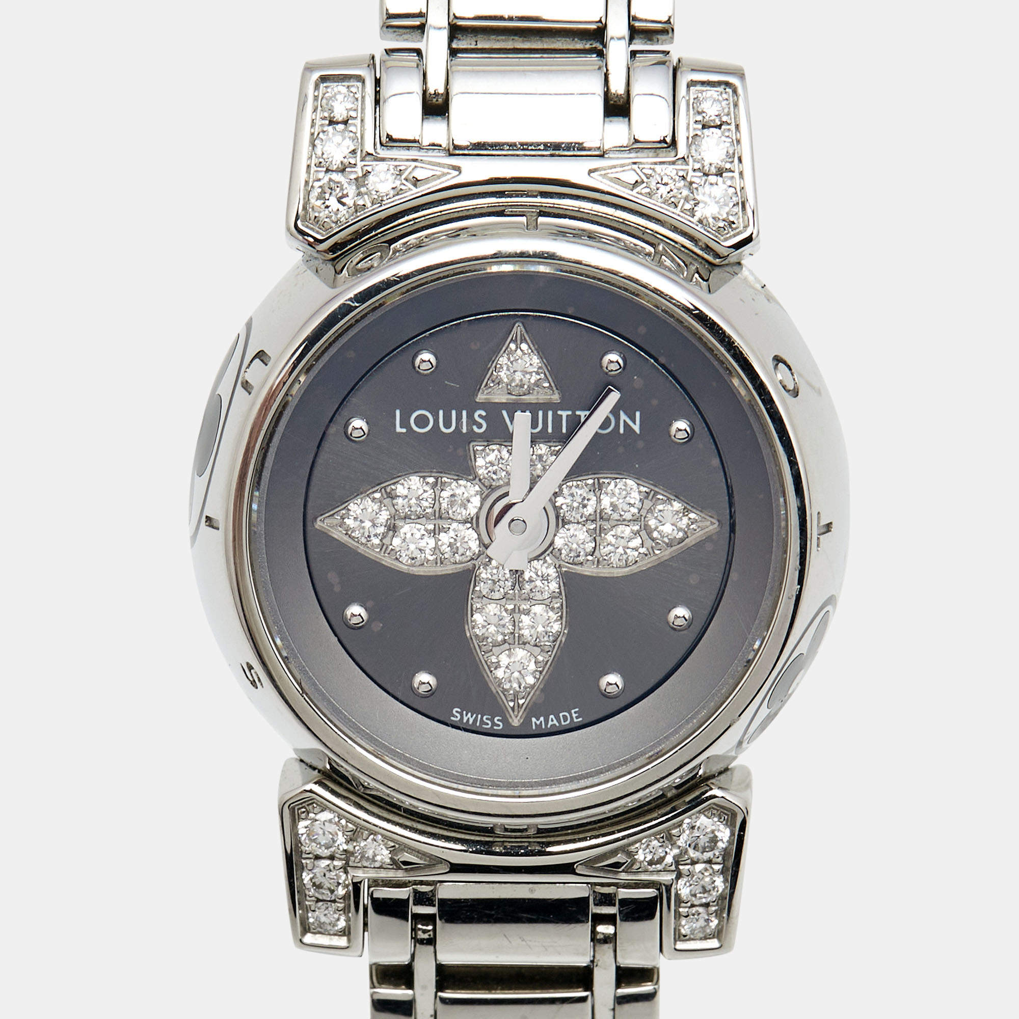 Louis Vuitton Tambour, A Stainless Steel Quartz Wristwatch with Mother of Pearl Diamond Dial, Womens Watch