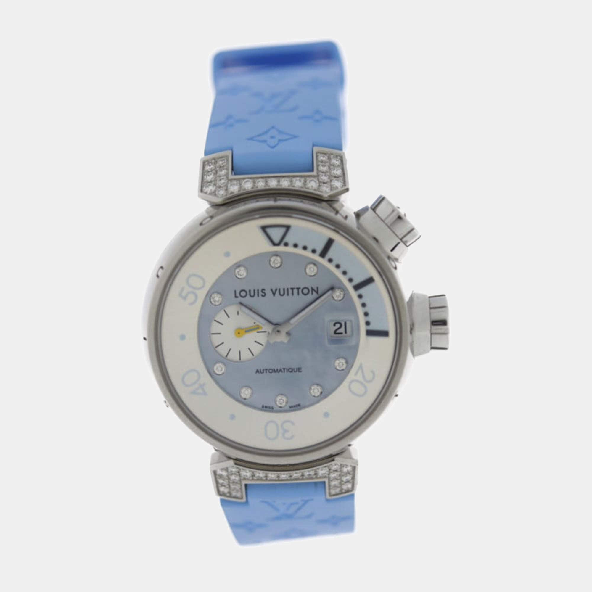 Louis Vuitton Blue Diamonds Stainless Steel Tambour Q1330 Quartz Women's Wristwatch 35 mm