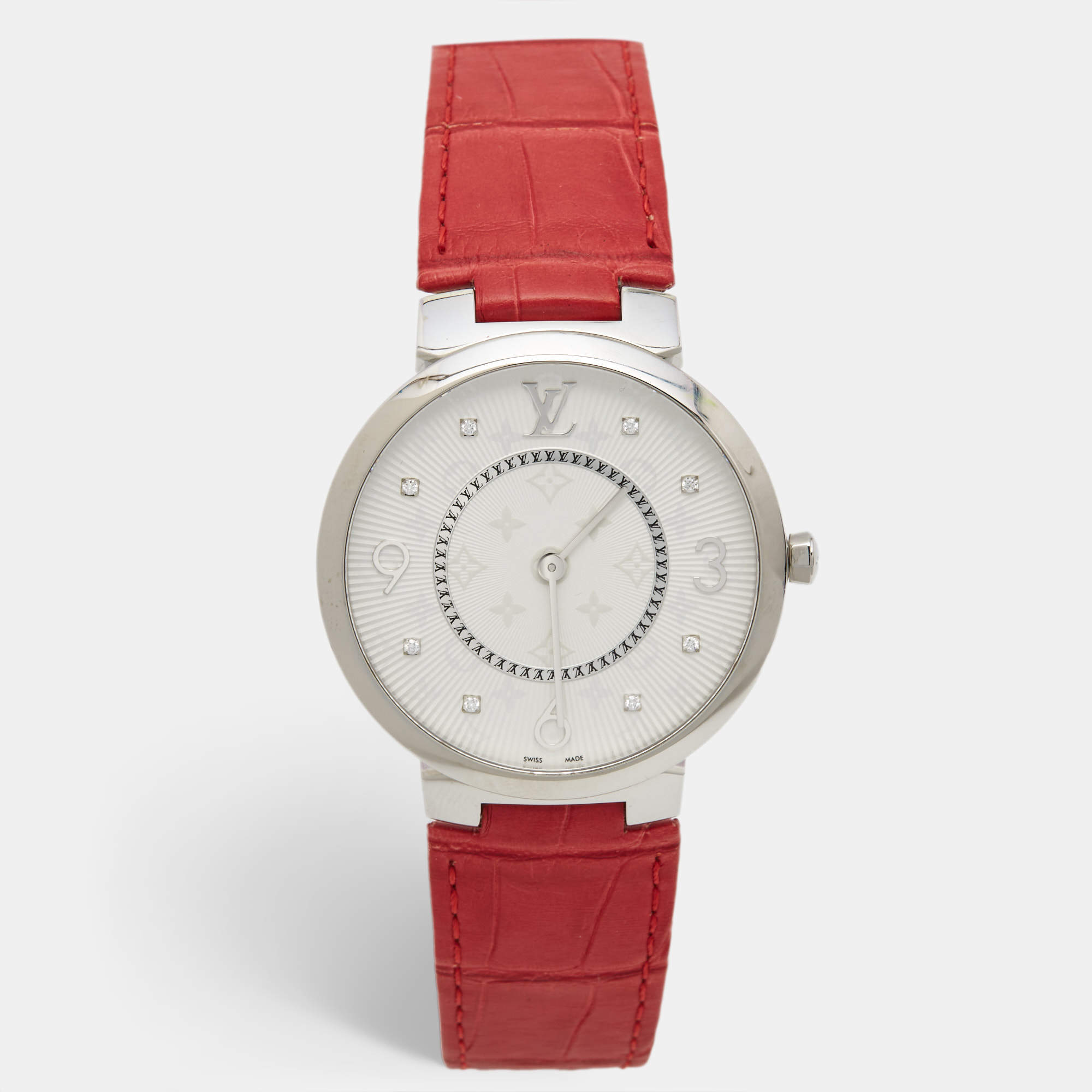 Louis Vuitton Silver Diamonds Stainless Steel Alligator Tambour Q1E01 Women's Wristwatch 39 mm