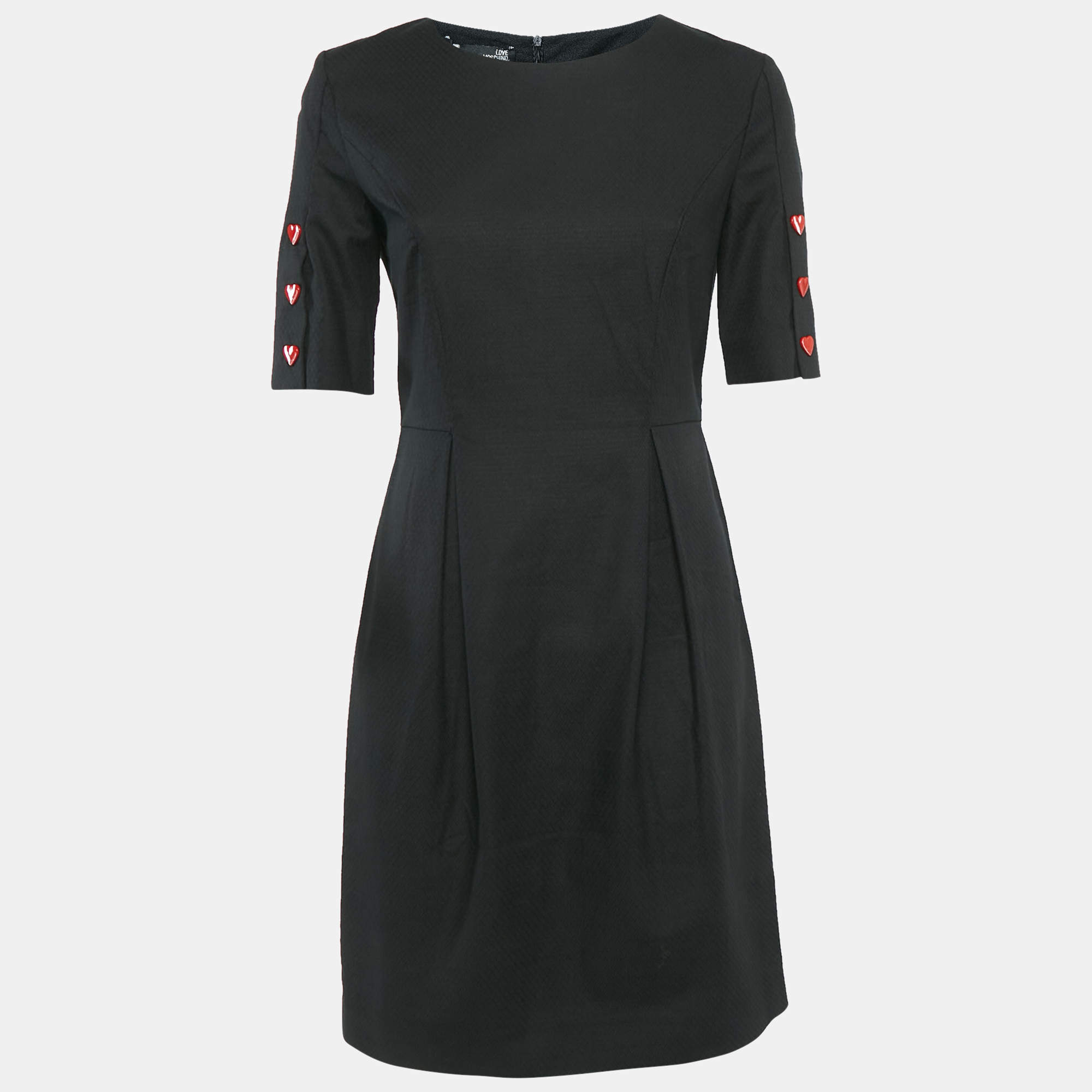Pre Owned Love Moschino Black Cotton Dobby Metal Heart Detail Mini Dress M