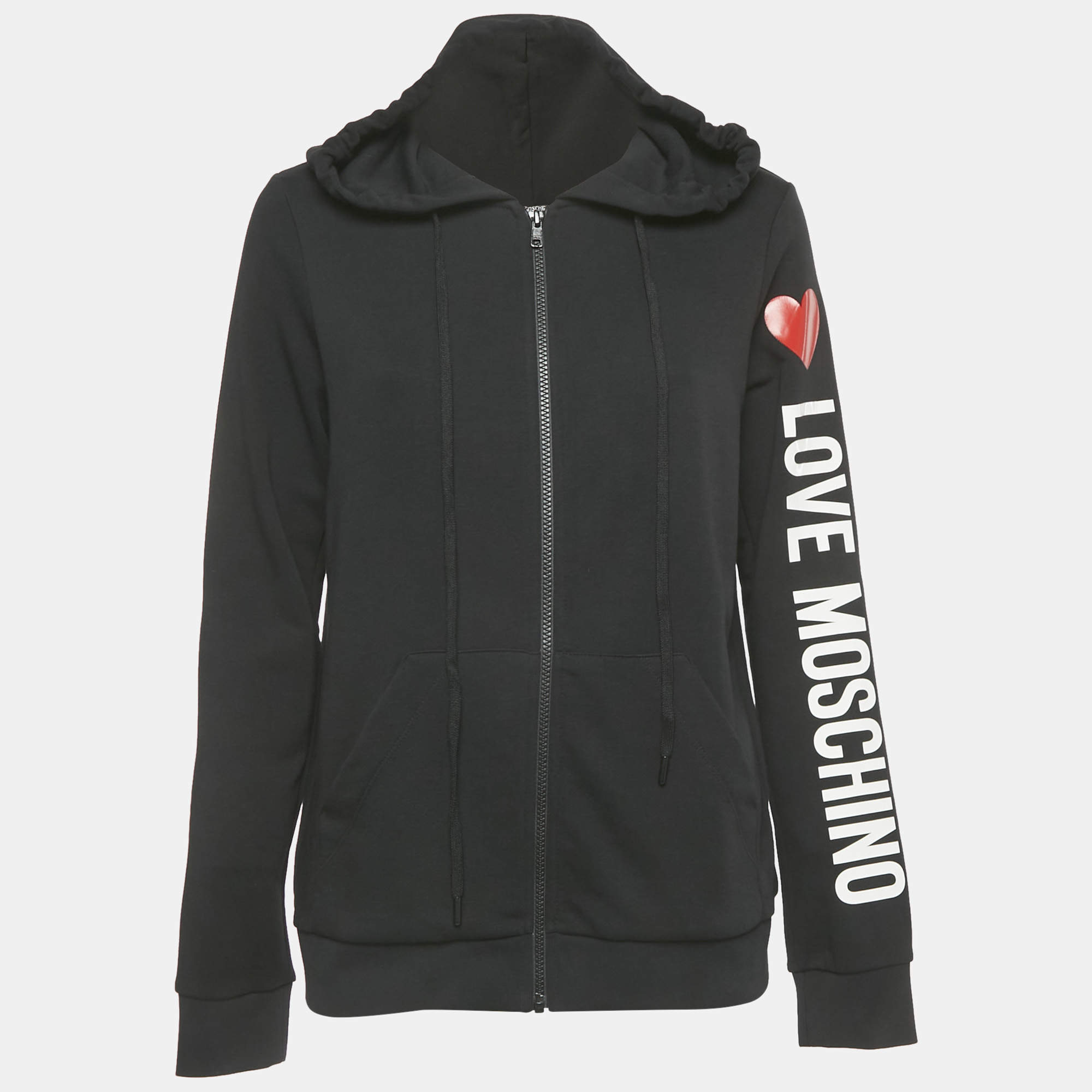 Pre Owned Love Moschino Black Logo Print Cotton Knit Zip-Up Sweatshirt M