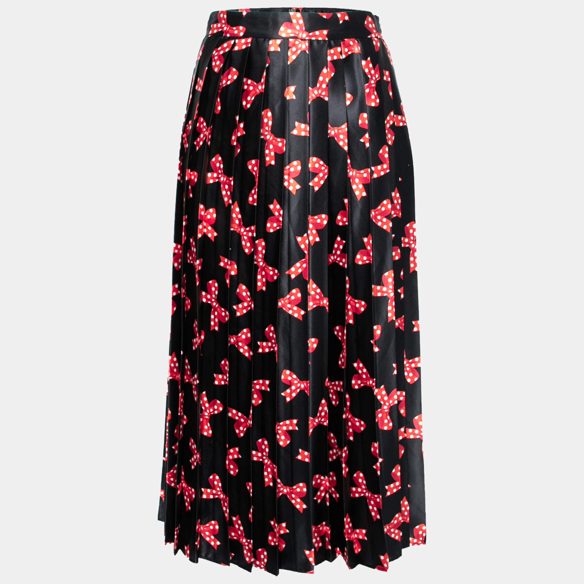 Love Moschino Black Bow Printed Satin Pleated Skirt S