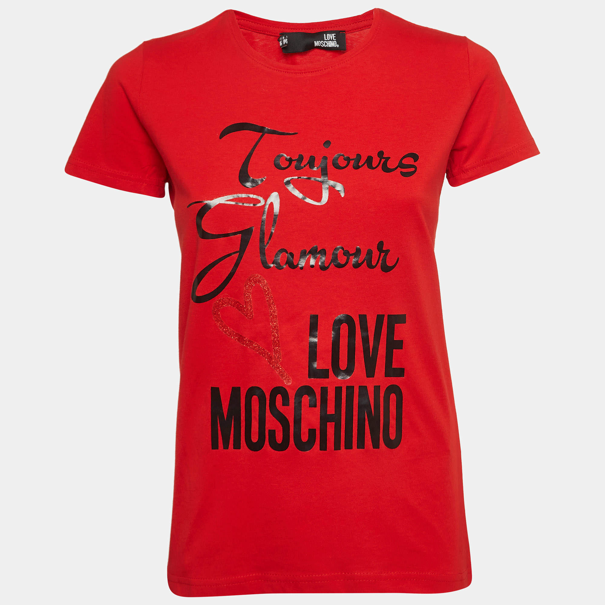 Love Moschino Red Printed Cotton Knit Crew Neck T-Shirt S