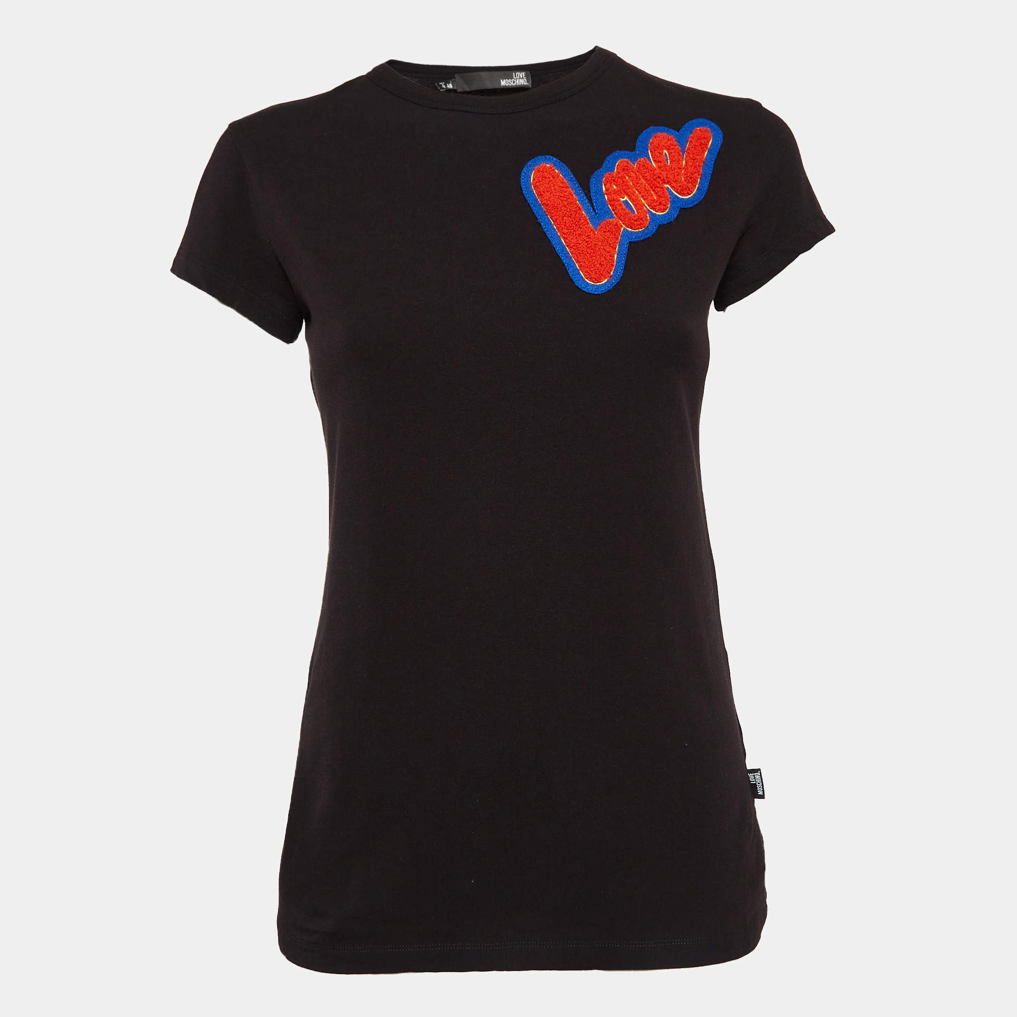 Pre Owned Love Moschino Black Cotton Knit Love Patch Detail T-Shirt S
