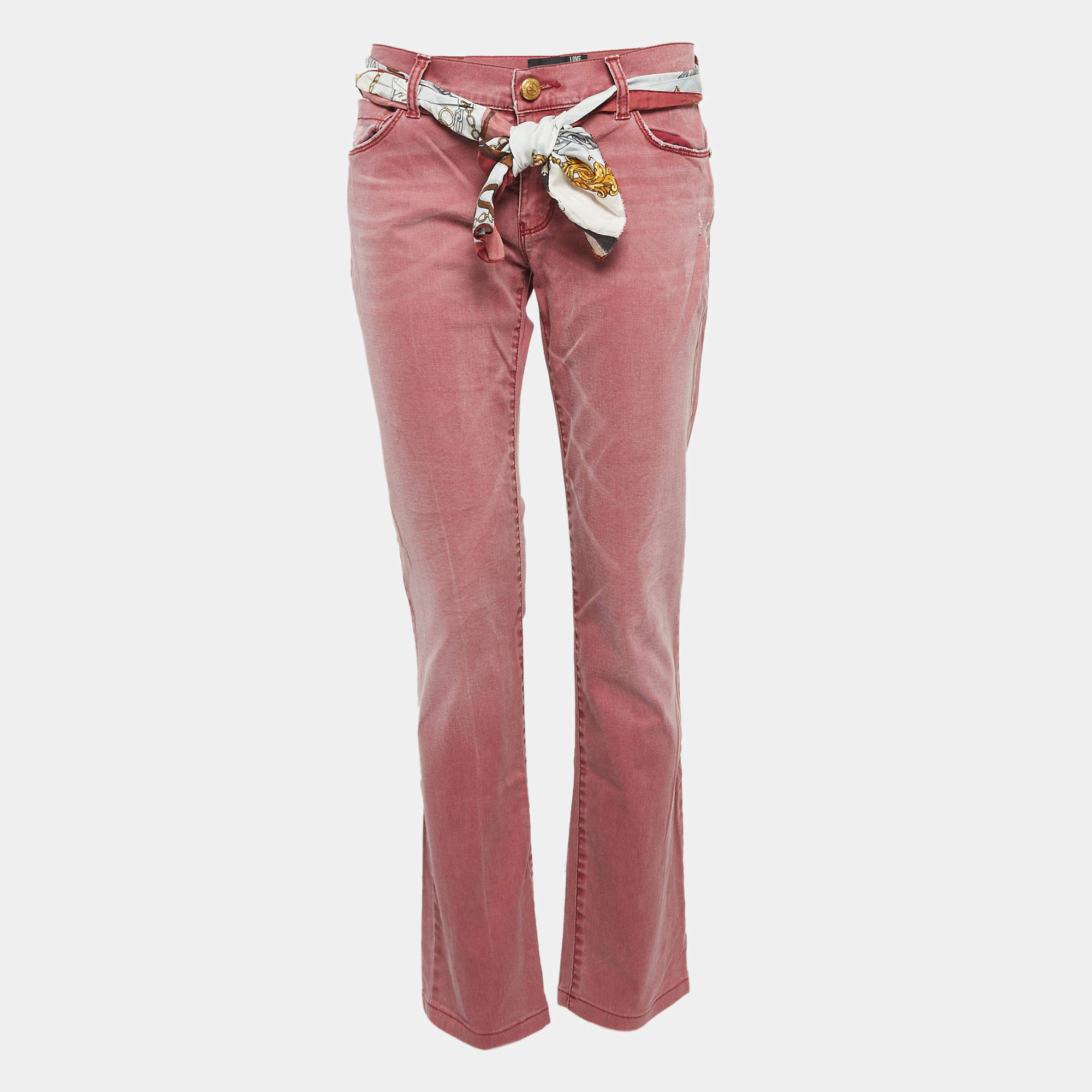 Pre Owned Love Moschino Burgundy Washed Denim Belted Jeans M Waist 34"