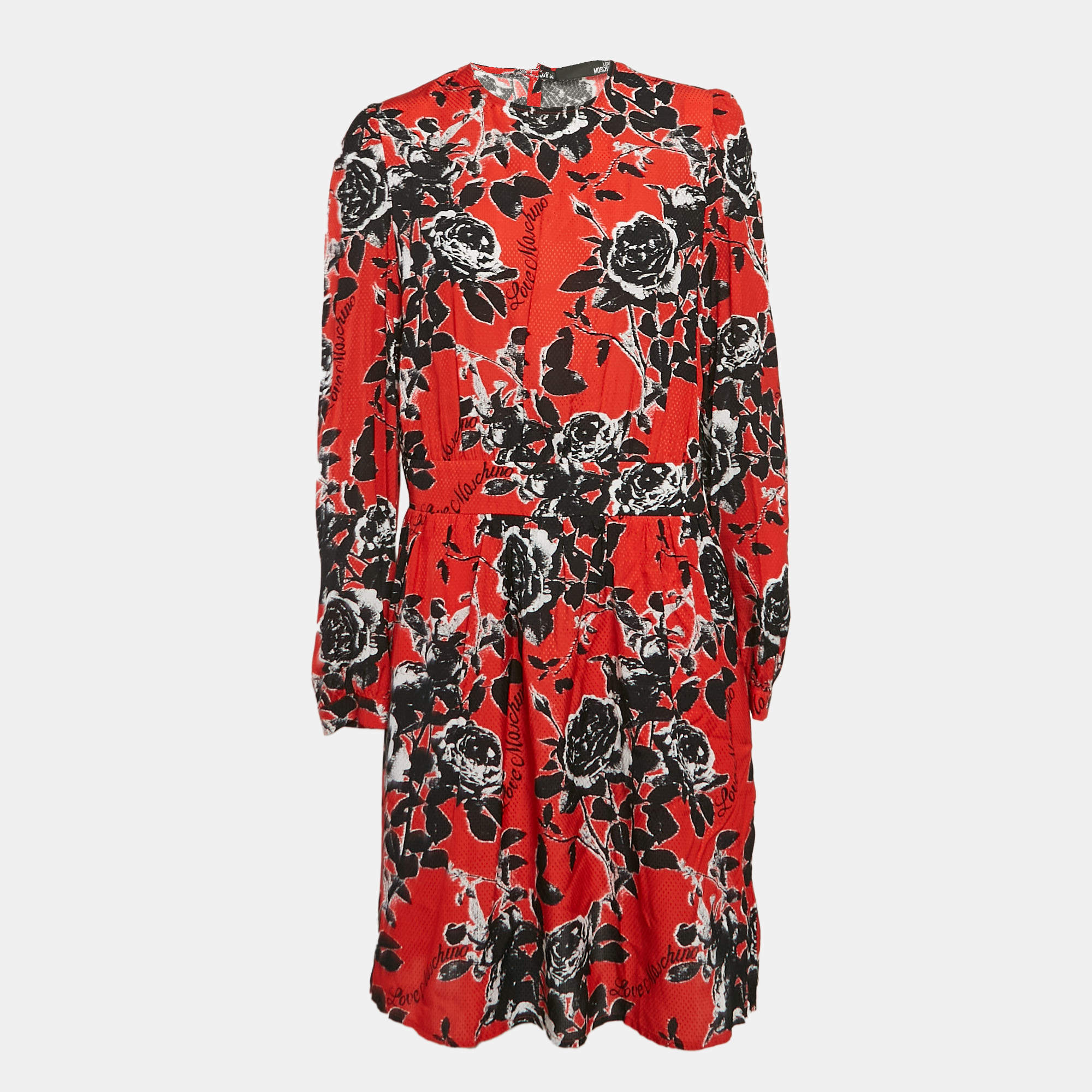 Love Moschino Red Textured Floral Print Crepe Short Dress M
