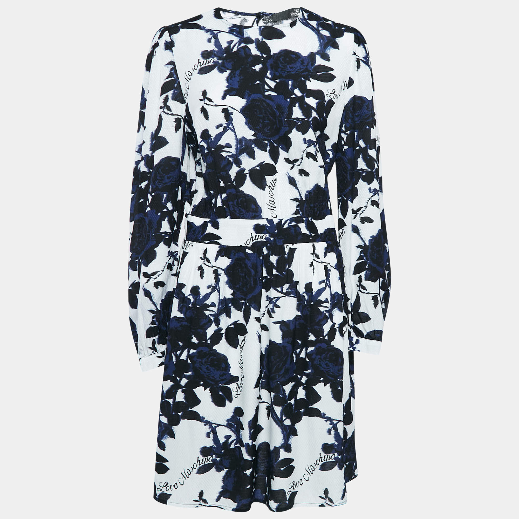 Love Moschino White Rose Print Textured Crepe Short Dress M