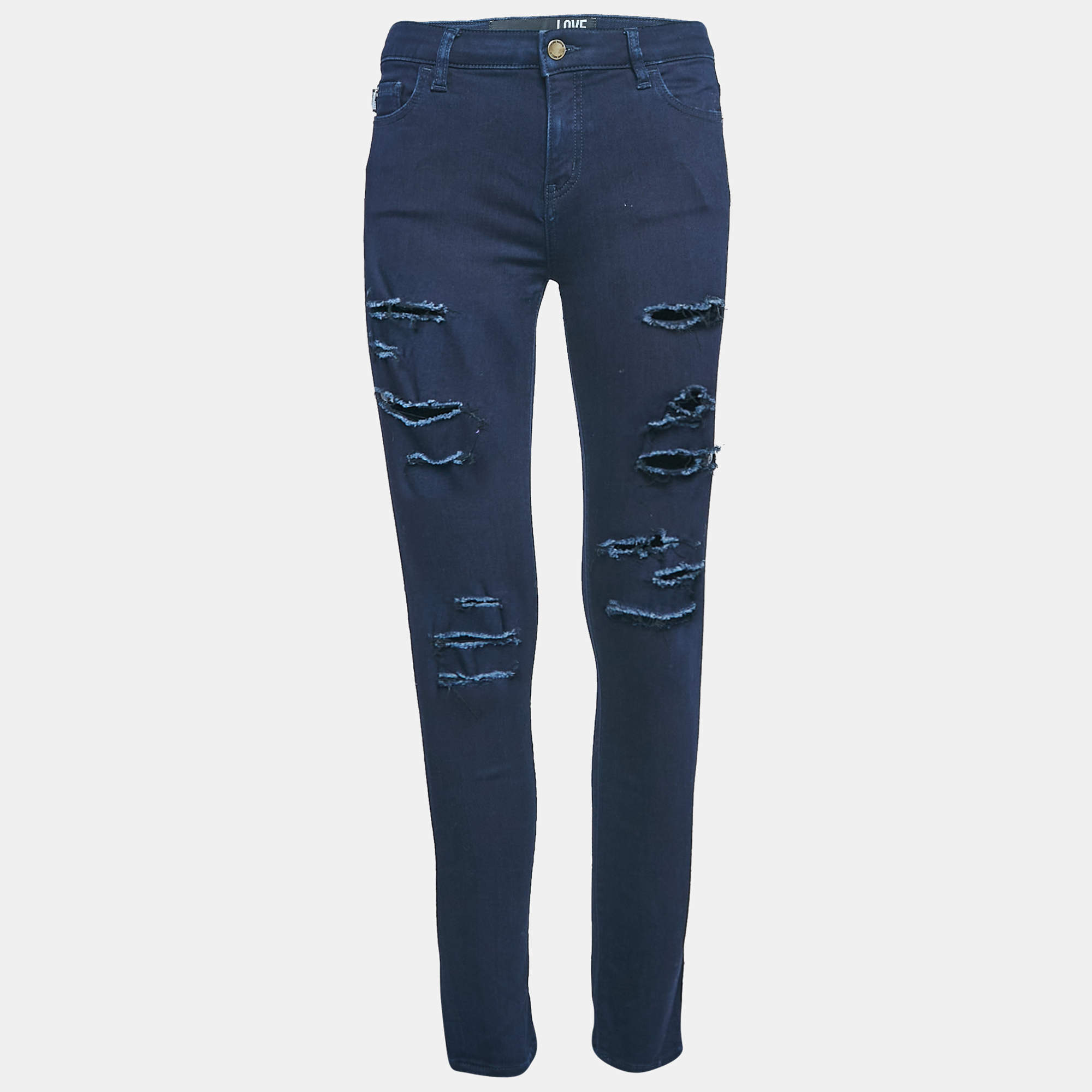 Pre Owned Love Moschino Navy Blue Ripped Denim Skinny Jeans M Waist 29"