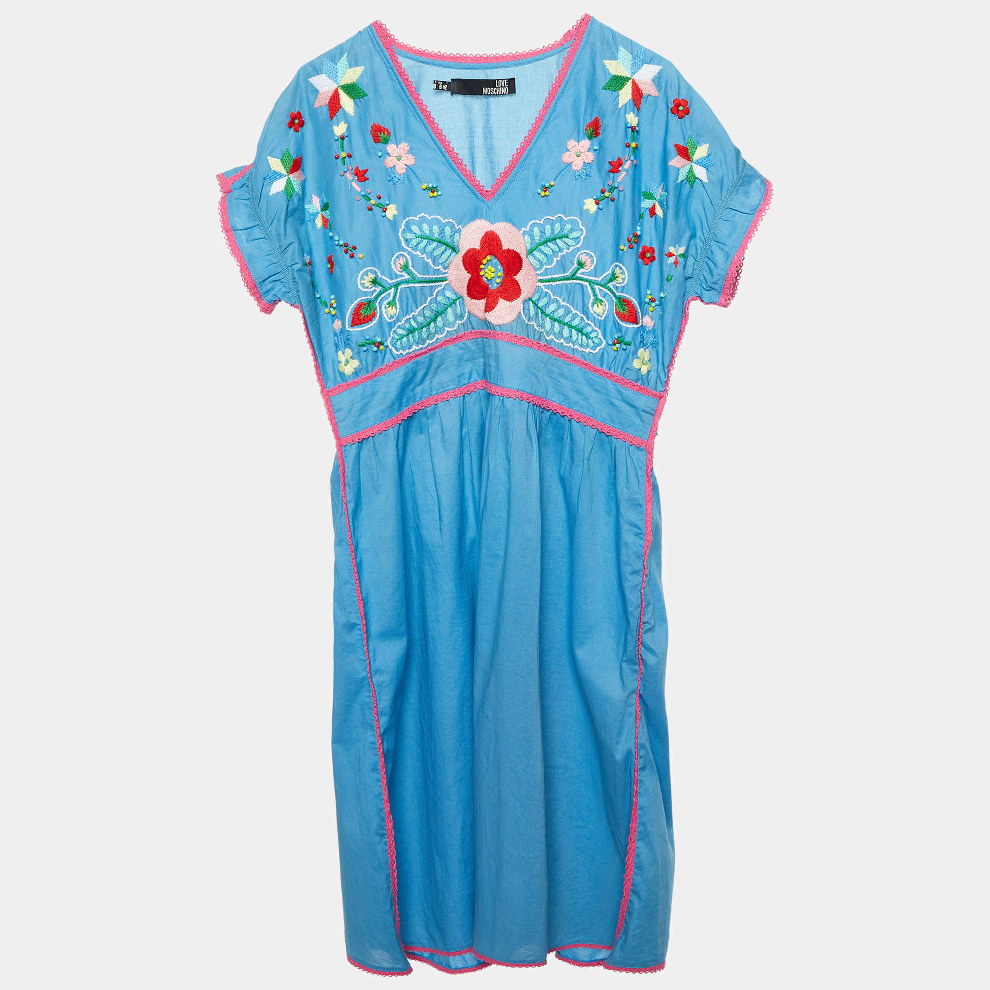 Pre Owned Love Moschino Blue Floral Embroidered Cotton V-Neck Dress M