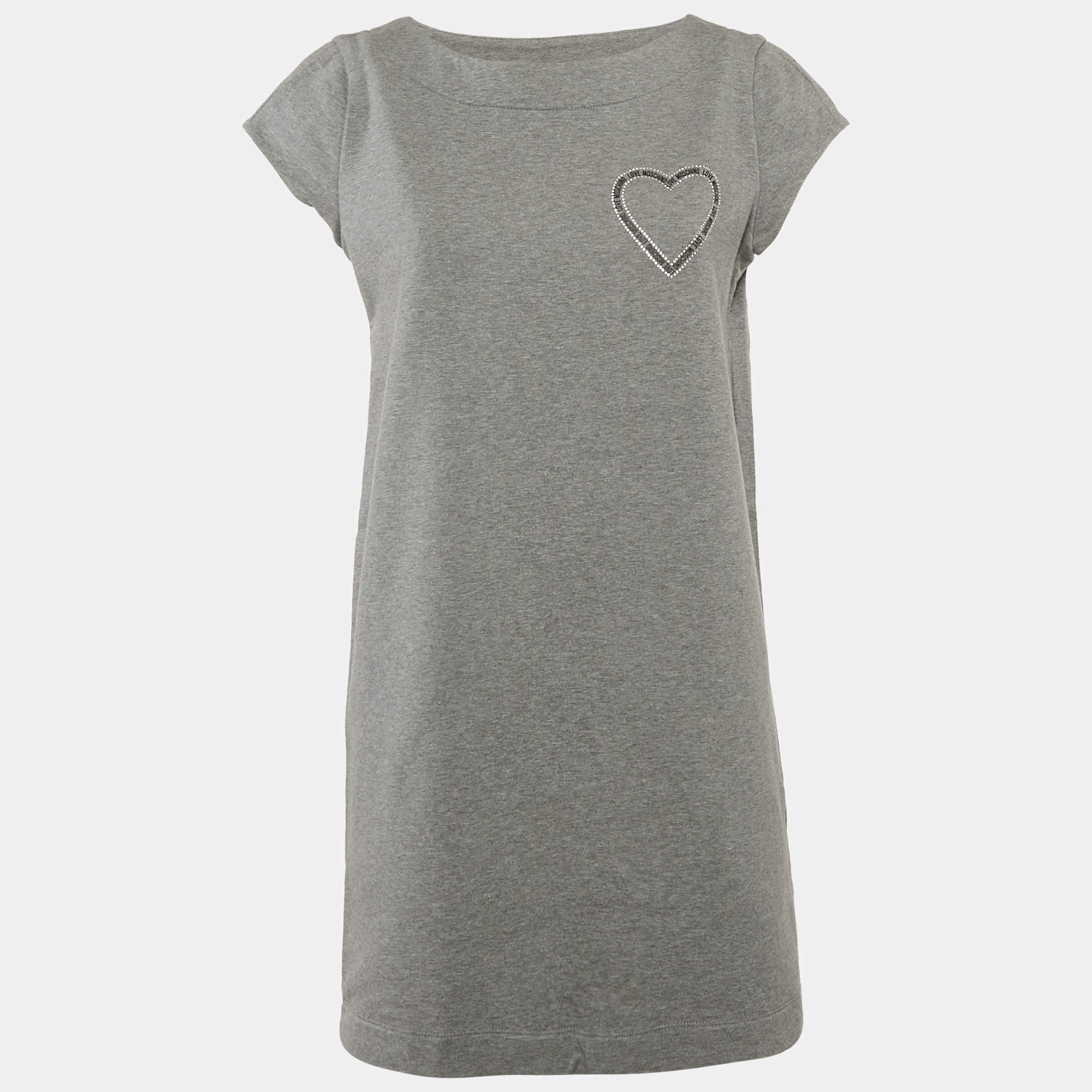 Love Moschino Grey Logo Embellished Cotton Knit Mini Dress M
