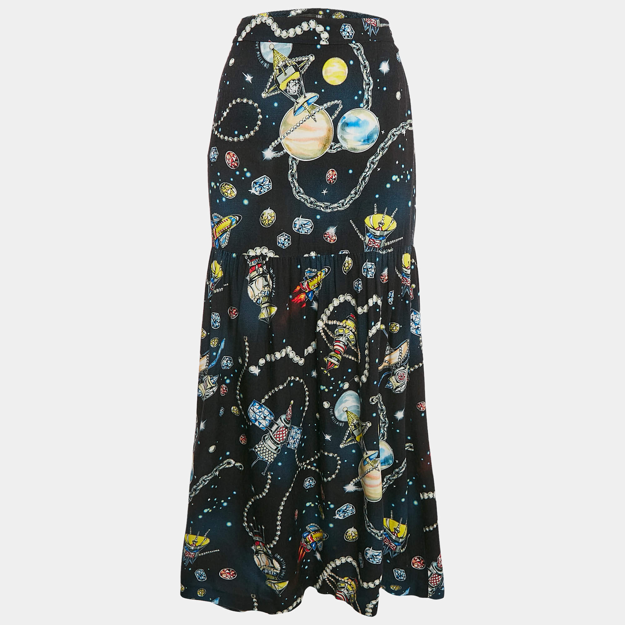 Pre Owned Moschino Black Jewels Print Crepe Maxi Skirt M