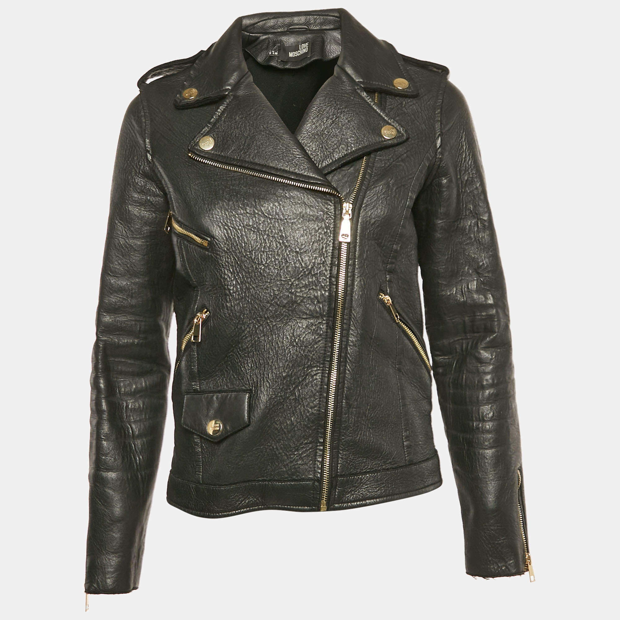 Love Moschino Black Spider Web Print Leather Riders Jacket S