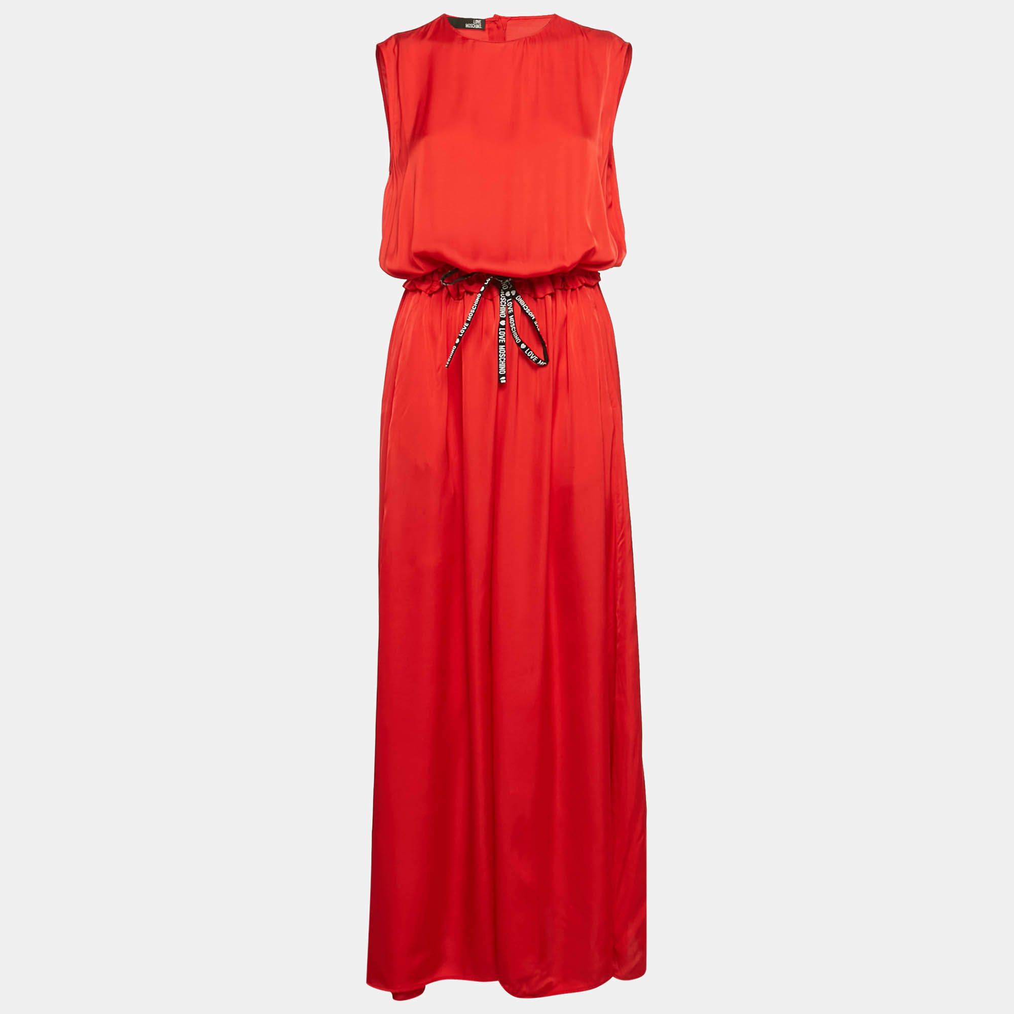 Love Moschino Red Satin Silk Waist Tie-Up Sleeveless Maxi Dress M