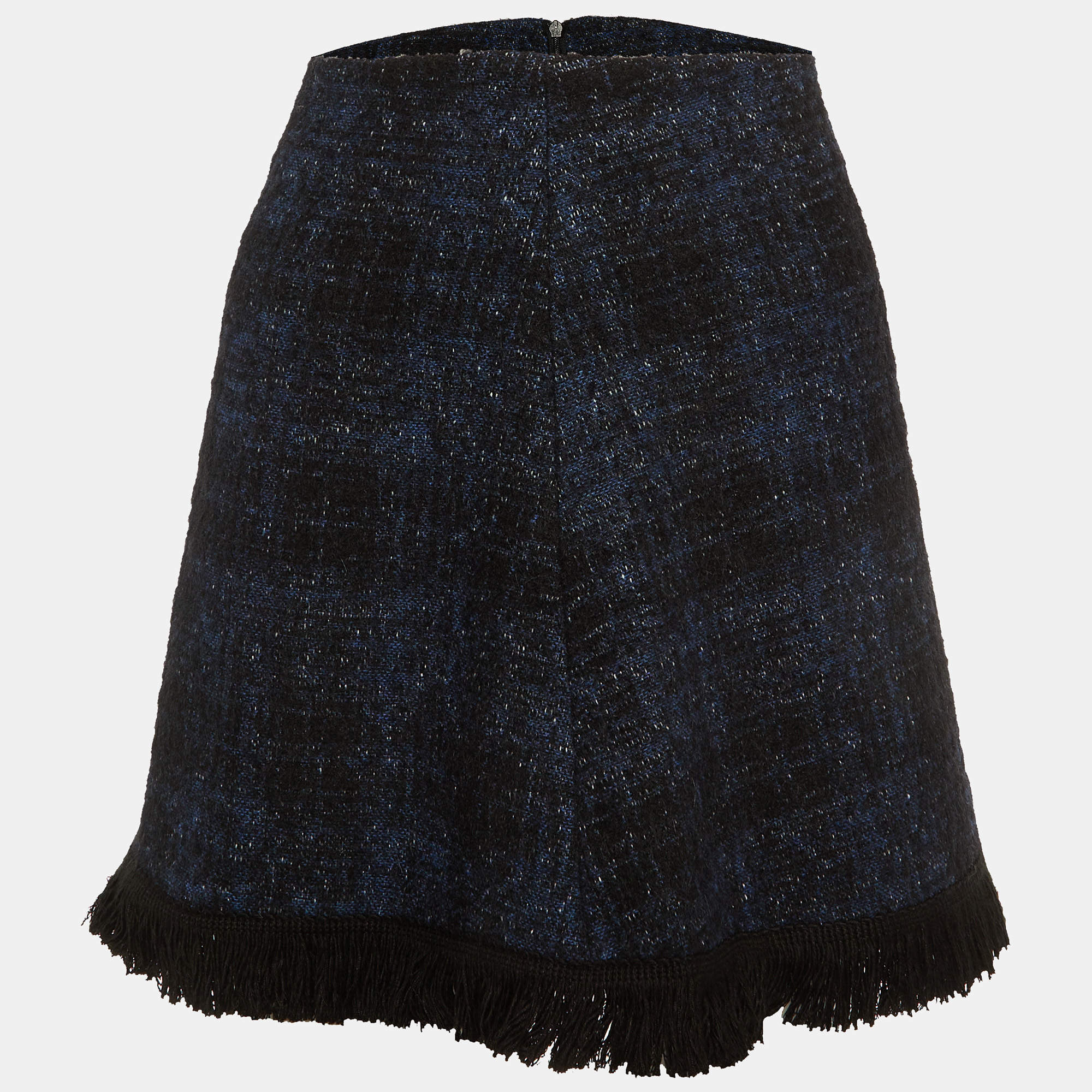 Pre Owned Love Moschino Navy Blue Tweed Fringed Mini Skirt M