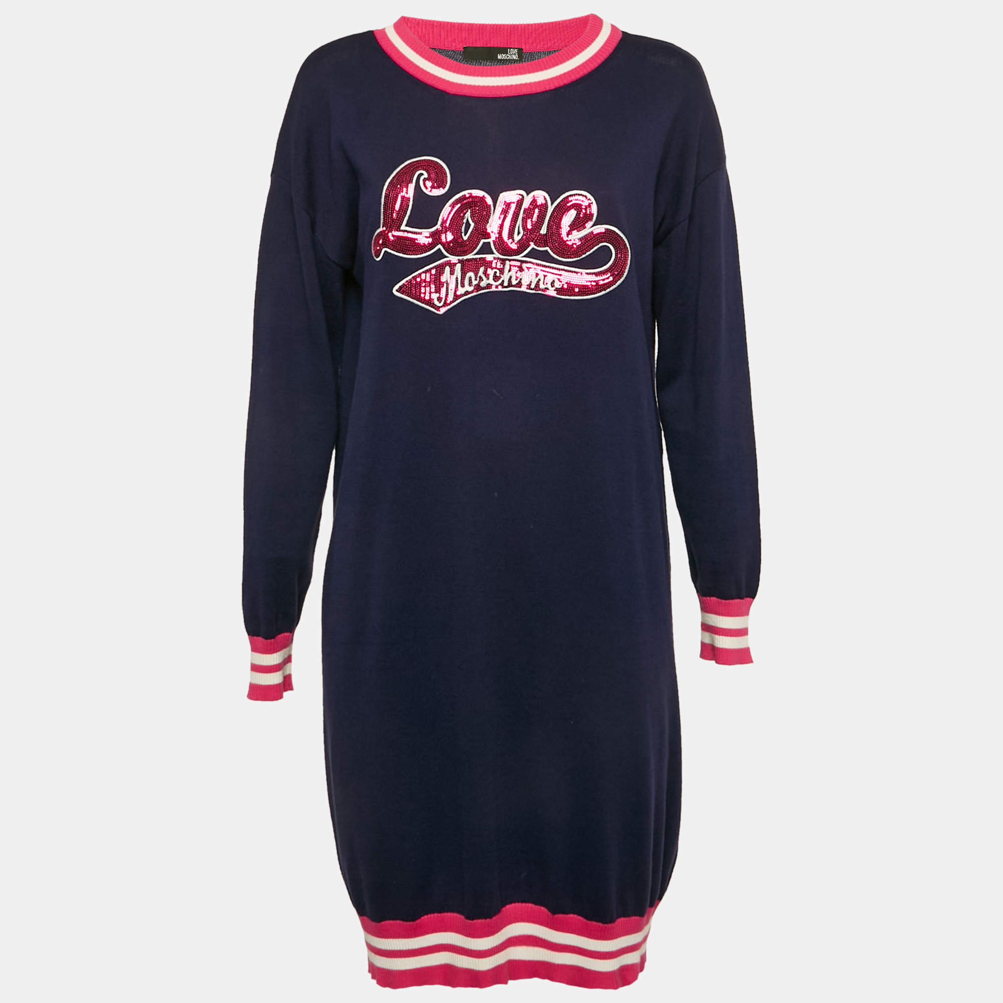 Pre Owned Love Moschino Navy Blue Sequin Embroidery Cotton Sweater Dress S