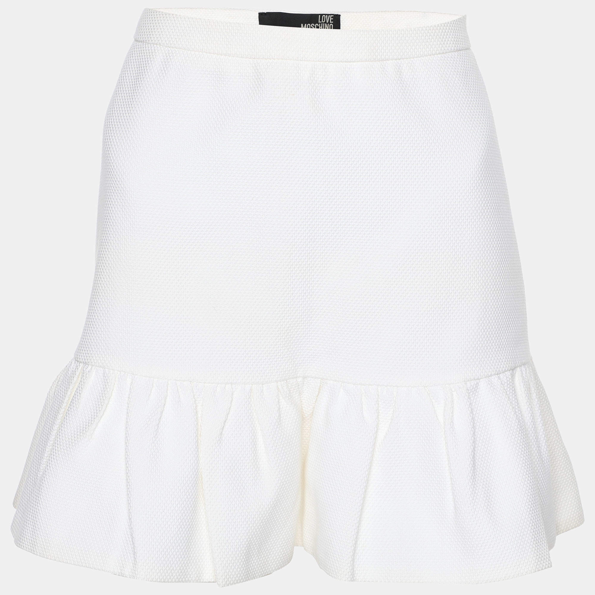 Love Moschino White Textured Cotton Pleated Bottom Mini Skirt M