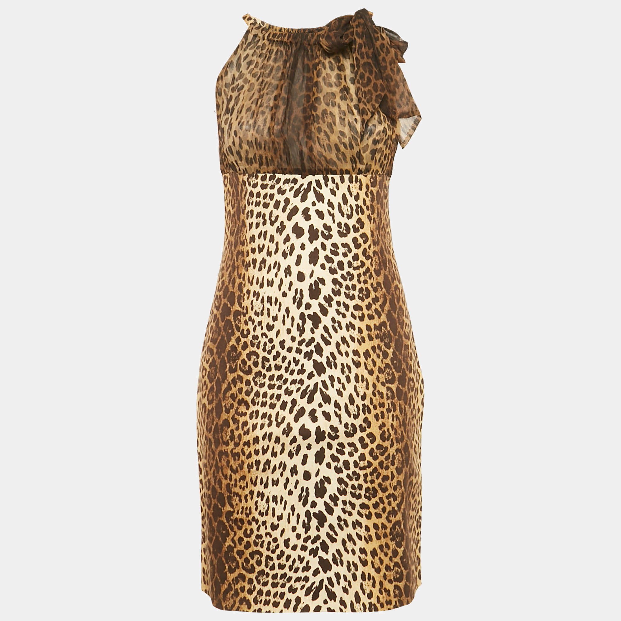 Love Moschino Brown Leopard Printed Cotton & Silk Halterneck Dress M