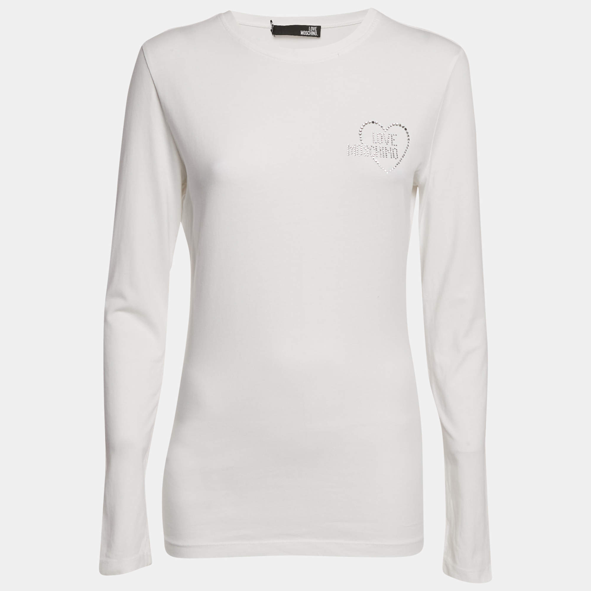 Love Moschino White Logo Rhinestone Jersey Long Sleeve T-Shirt M