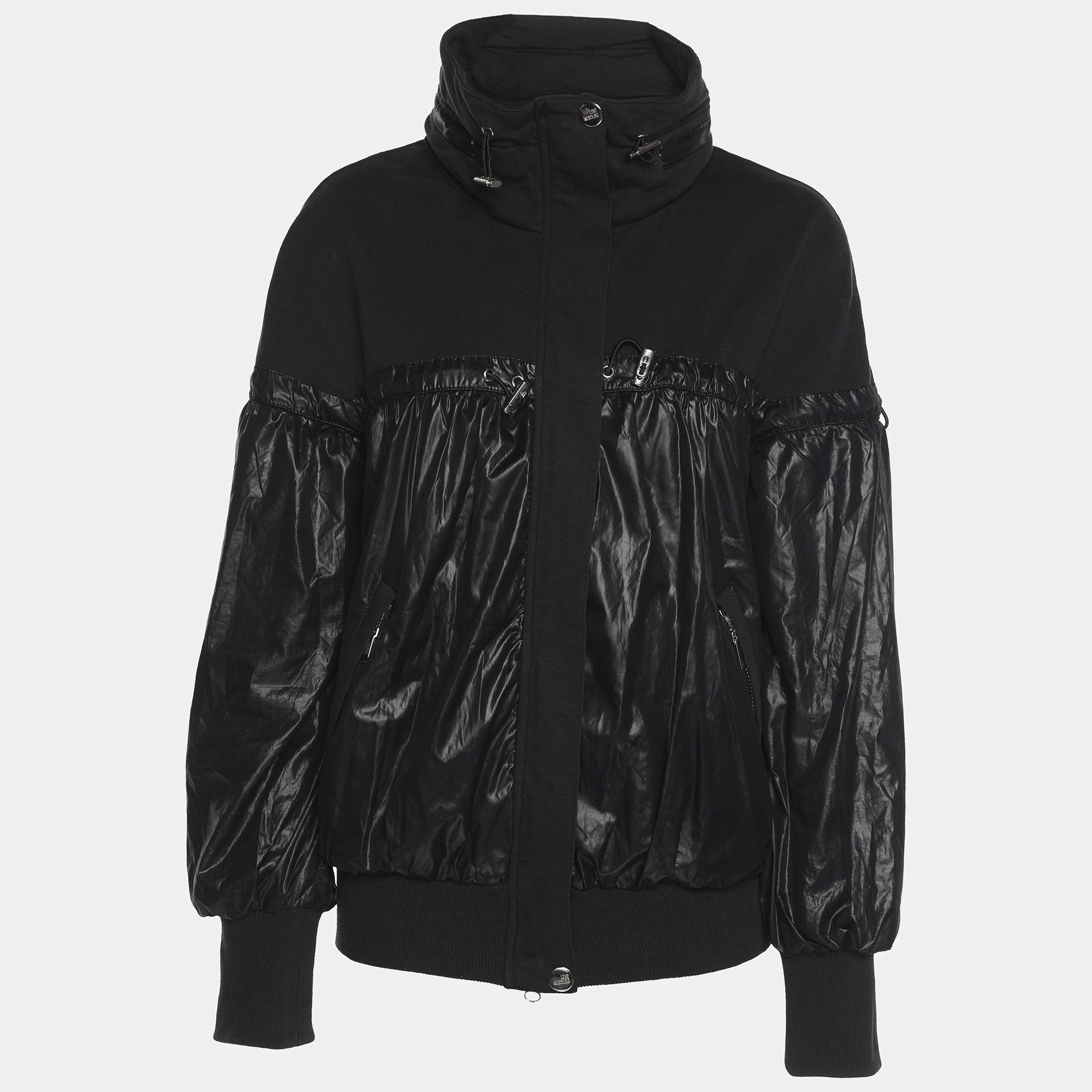 Pre Owned Love Moschino Black Jersey Nylon Hoodie Jacket M
