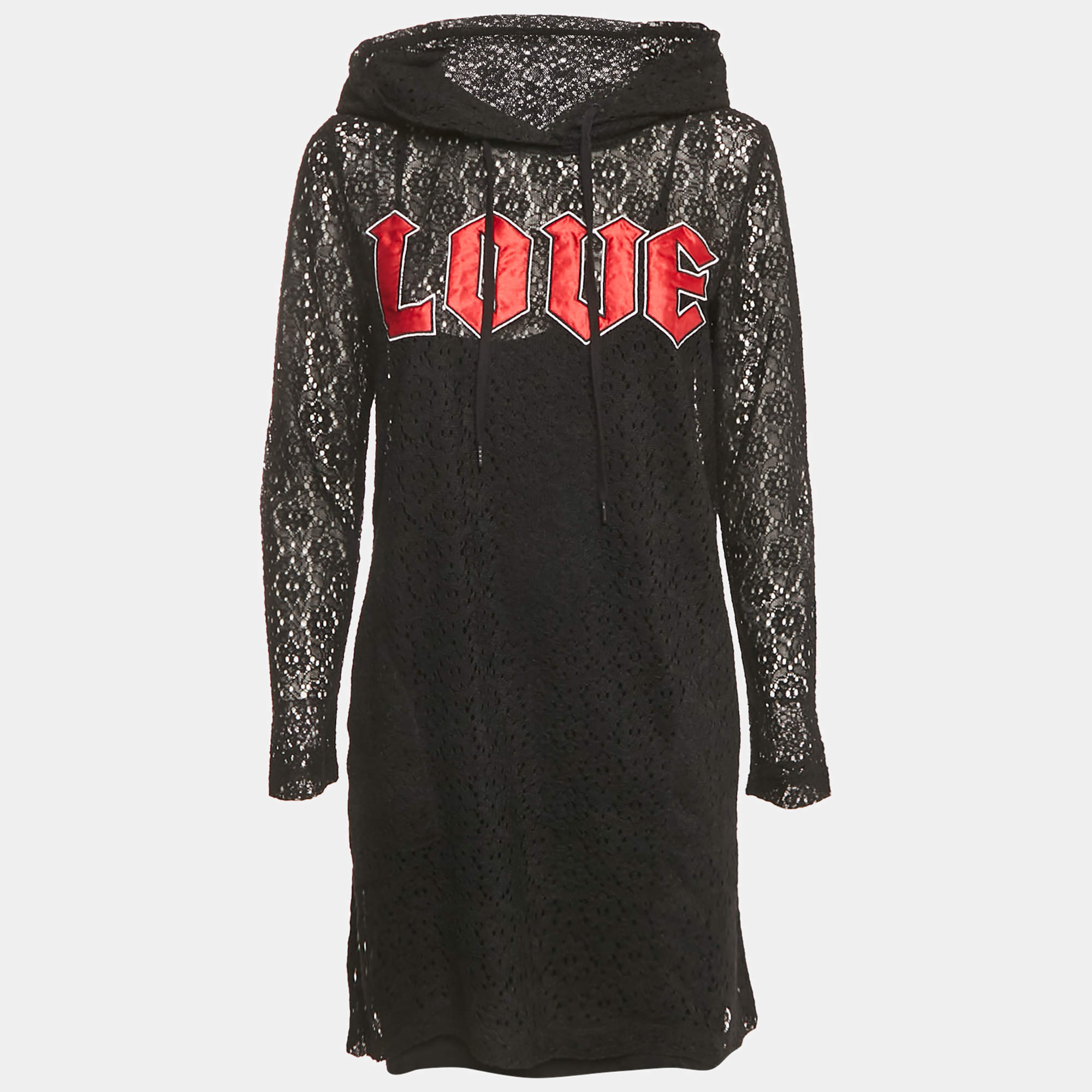 Pre Owned Love Mocshino Black Love Applique Mesh Hooded Dress M