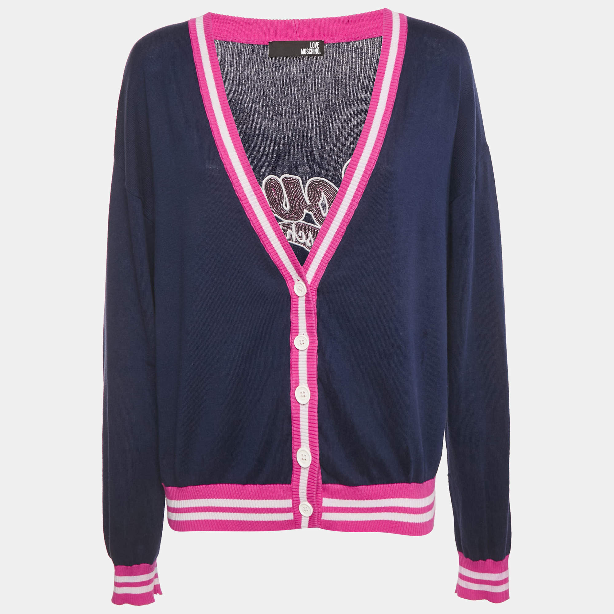 Pre Owned Love Moschino Navy Blue Cotton Logo Sequin Detail Button Front Cardigan L