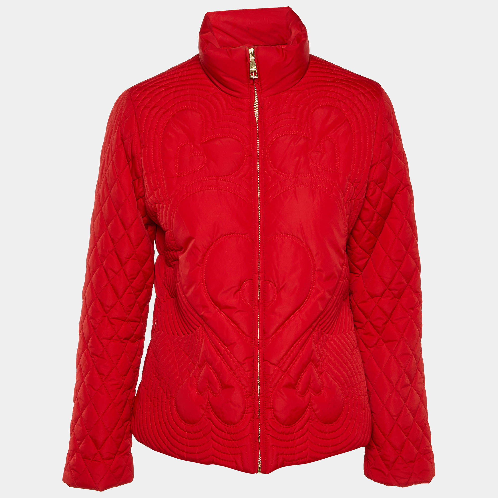 Pre Owned Love Moschino Red Quilted Nylon Zip Up Jacket M