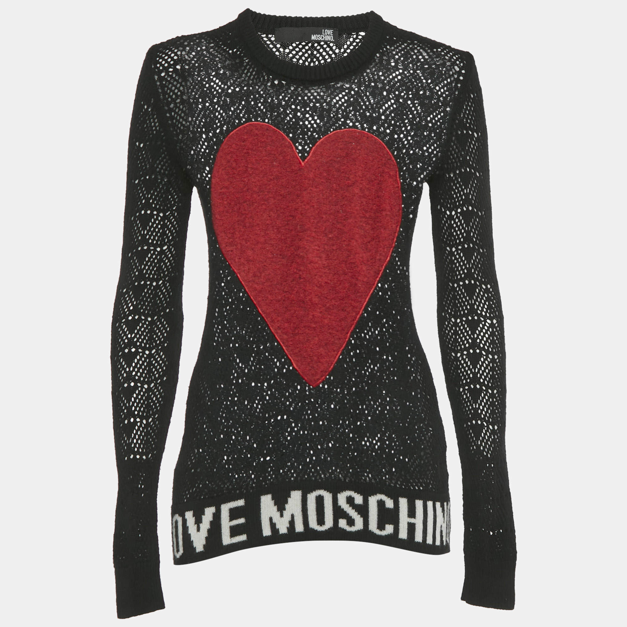 Pre Owned Love Moschino Black Patterned Knit Heart Patch Detail Sweater S