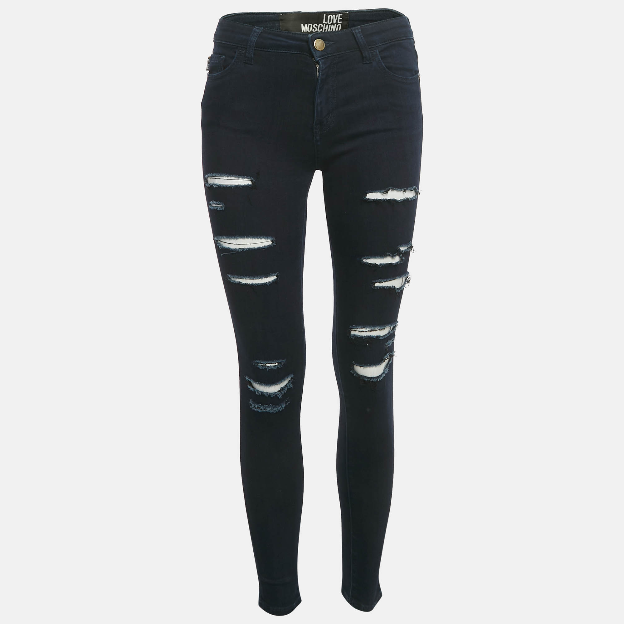 Pre Owned Love Moschino Dark Blue Distressed Denim Skinny Jeans S Waist 26"
