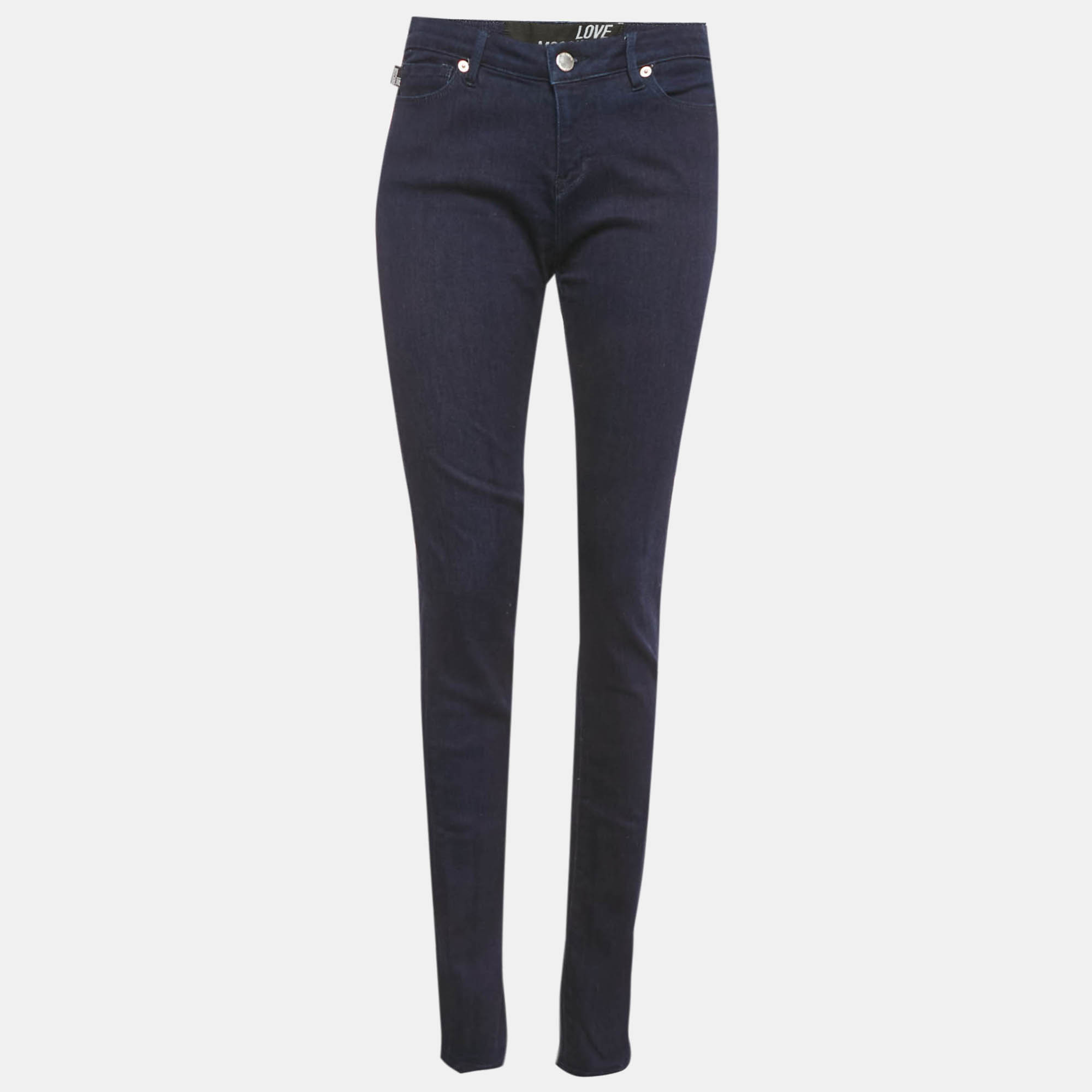 Pre Owned Love Moschino Dark Blue Love Moschino Print Denim Stretch Skinny Fit Jeans L Waist 31"