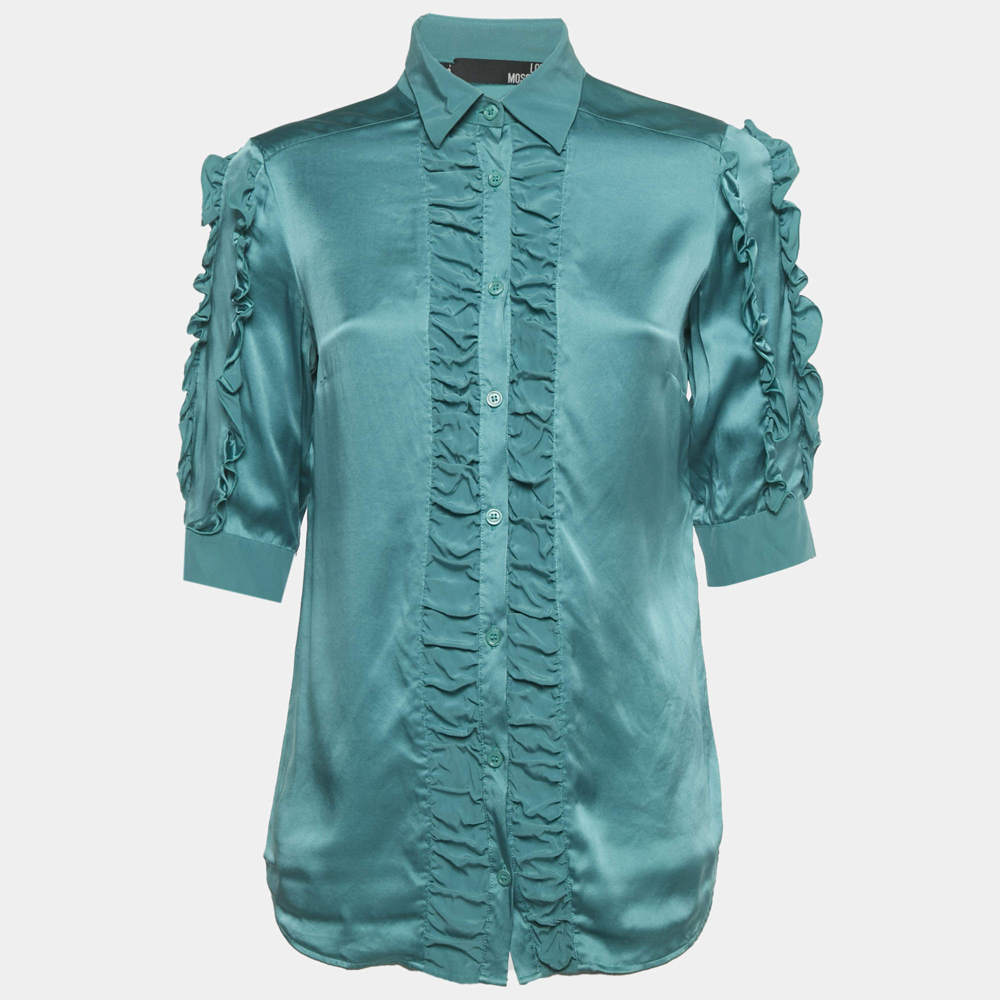 Pre Owned Love Moschino Blue Silk Ruffled Shirt S