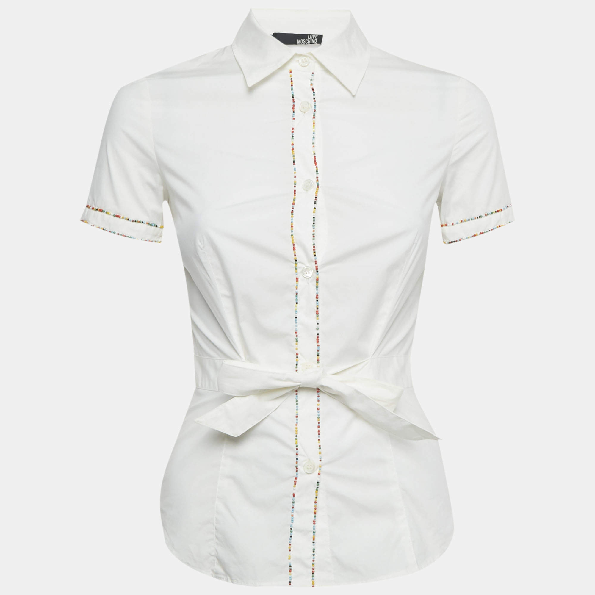 مملوكة مسبقًا Love Moschino White Beaded Cotton Shirt S
